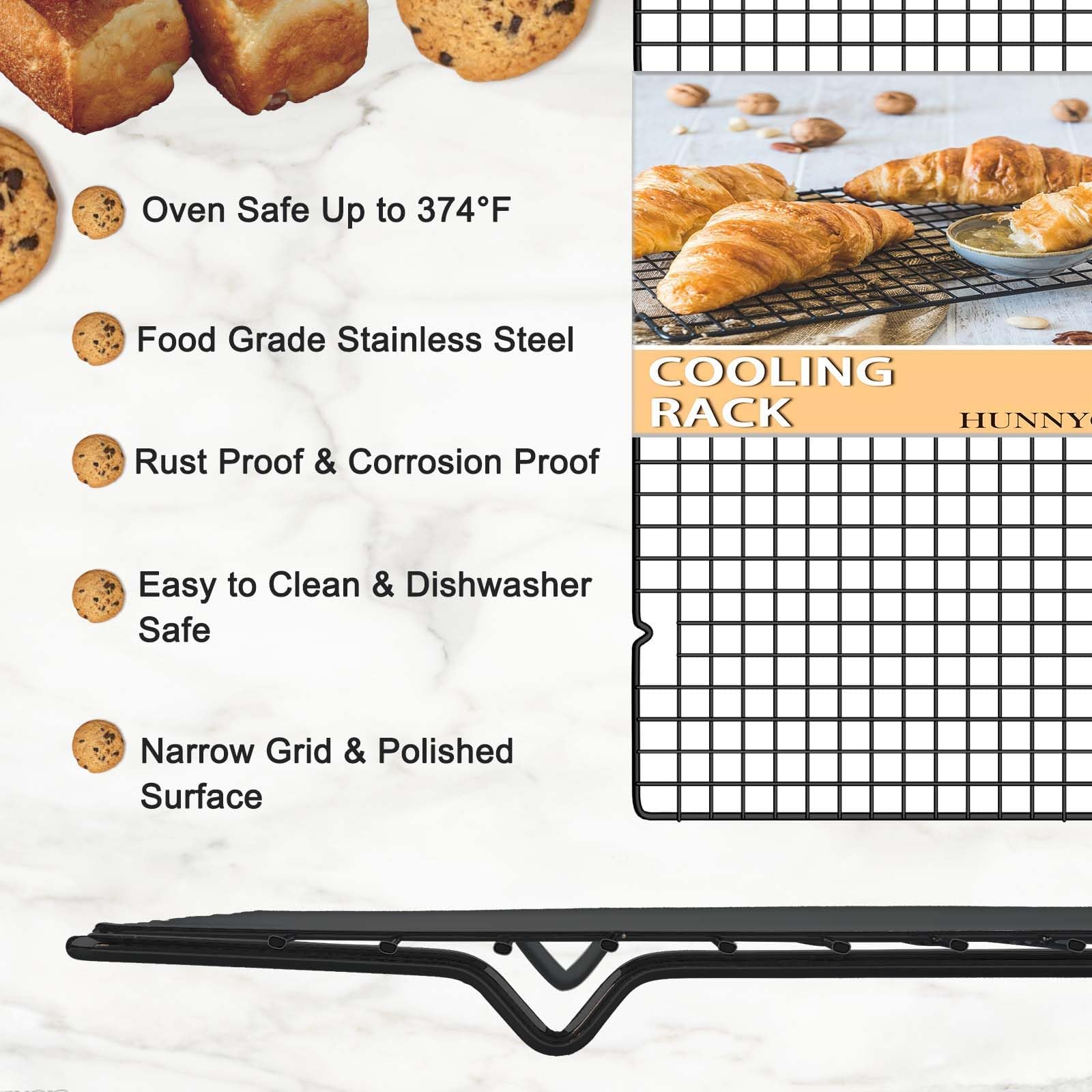 Hunnycook Grille de refroidissement de 40 x 24 cm, grille de cuisson en acier inoxydable 3P, grille de refroidissement allant au four pour la cuisine et la pâtisserie, grille de rôtissage noire,