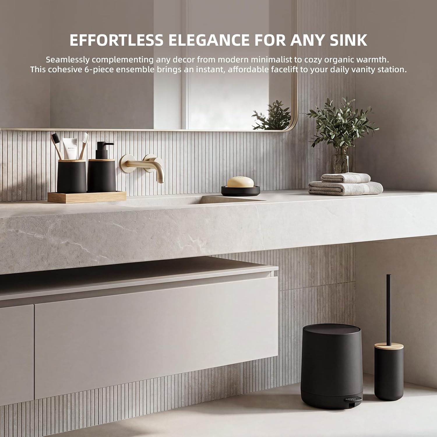 Bathroom Accessories Set Luxury Bath Decor with Trash Can 6PCS,Matte Black image 5