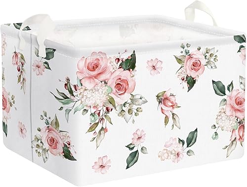 Clastyle Cesta de regalo de niña floral rosa rectangular vacía con rosas y flores, cesta de almacenamiento para ropa de bebé, juguetes para libros,