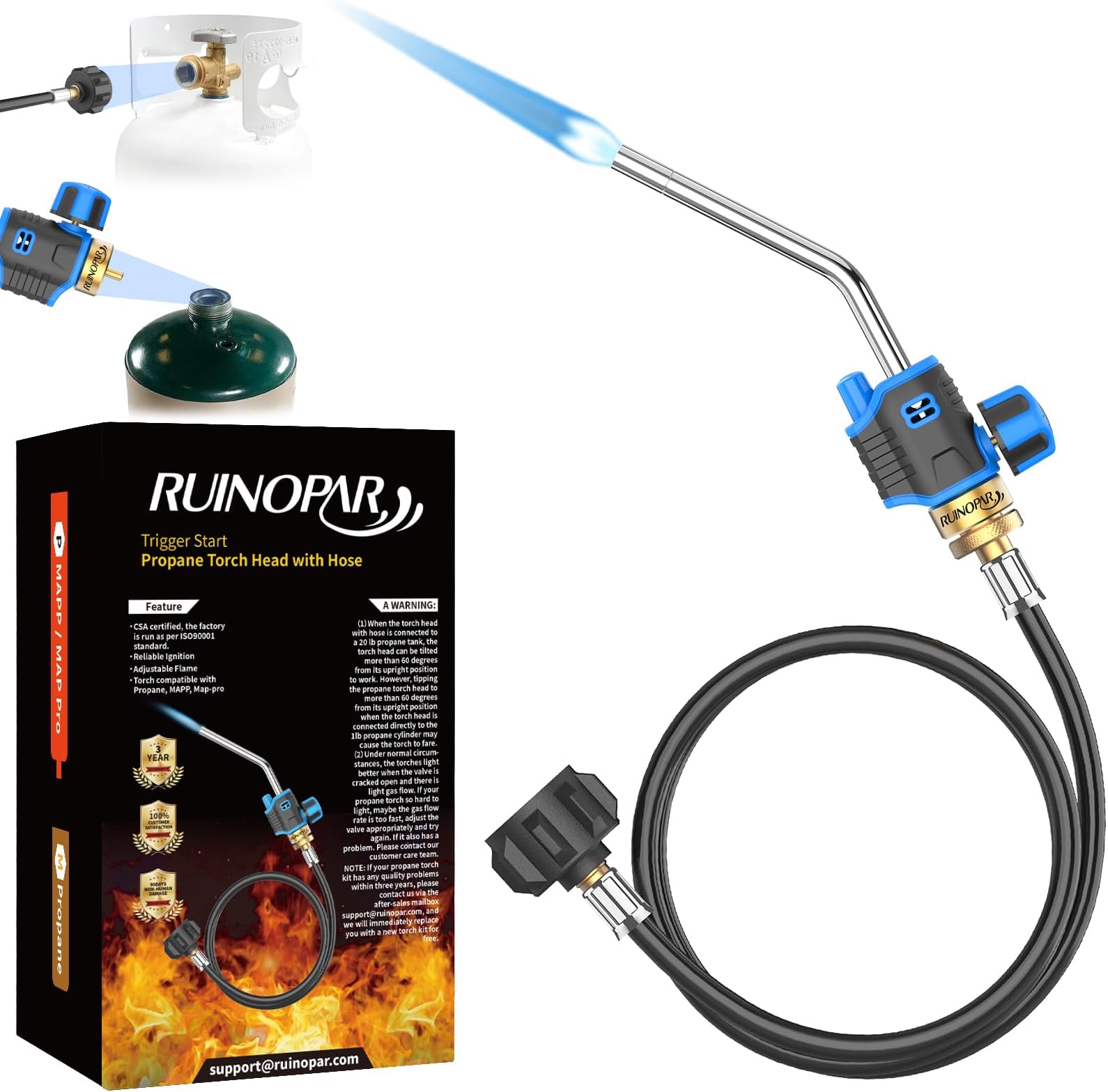 Propane Torch Head Kit,Trigger Start Propane Torch Kit with 5FT Hose,Blow Torch Head with Rubber Wrapped Torch Body&Flame Knob,Fuel by Propane MAPP and Map-pro for Soldering,Brazing,Welding,Searing