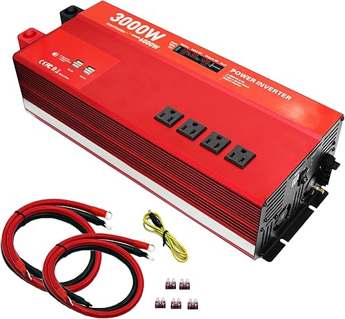 Inversor de corriente de onda sinusoidal modificada de 3000 W, pico de 6000 W, CC de 12 V a 110 V 4 CA, 6 puertos USB de 2.4 A, con puerto de carga