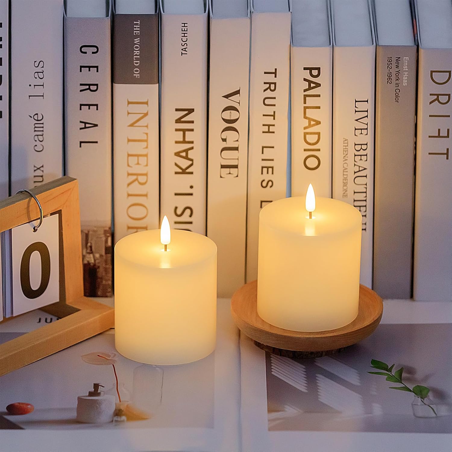 volnyus Flameless Candles Set of 2 (3x3 inch) Flickering LED Real Wax Candles Battery Operated with Remote Control Timers for Fireplace Bedroom Livingroom Party Dimmable Ivory Pillars Flat top