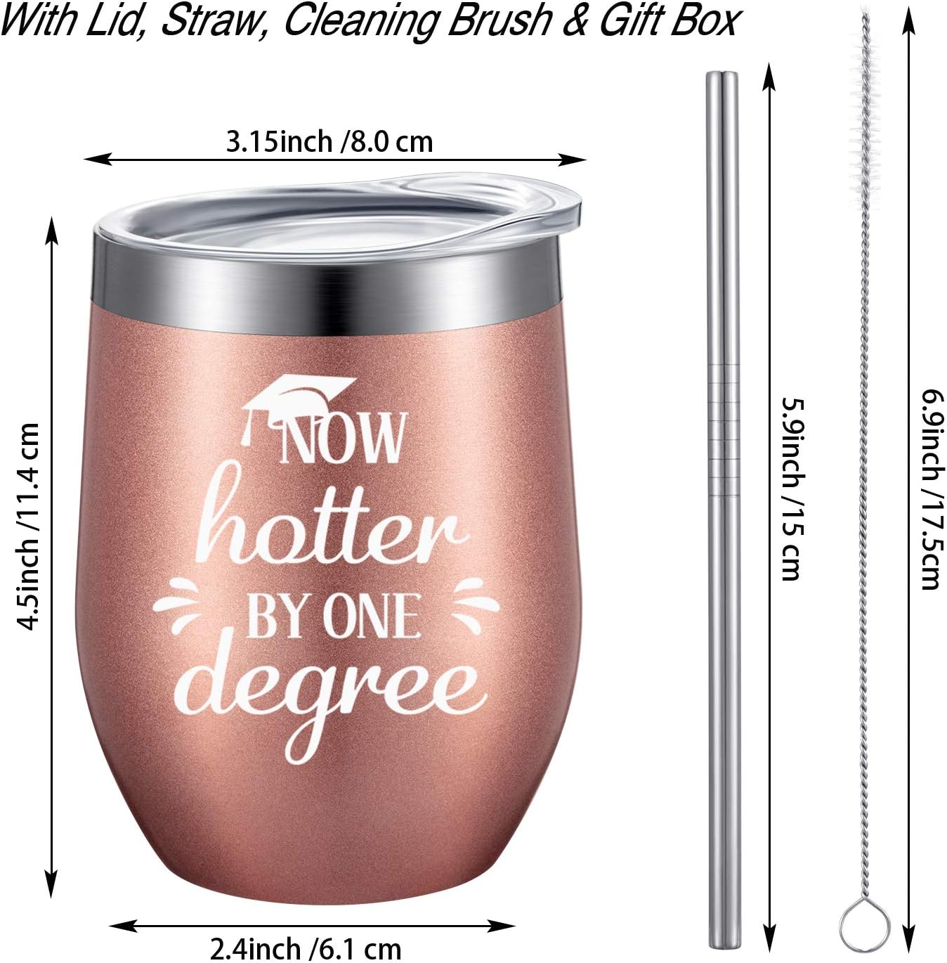 Best Deal Product 2 Pieces Graduation Tumbler, Now Hotter By One Degree Mugs for College and High School Graduates, 12 oz Stainless Steel Wine Tumbler with Lid, Straw, Cleaning Brush and Box