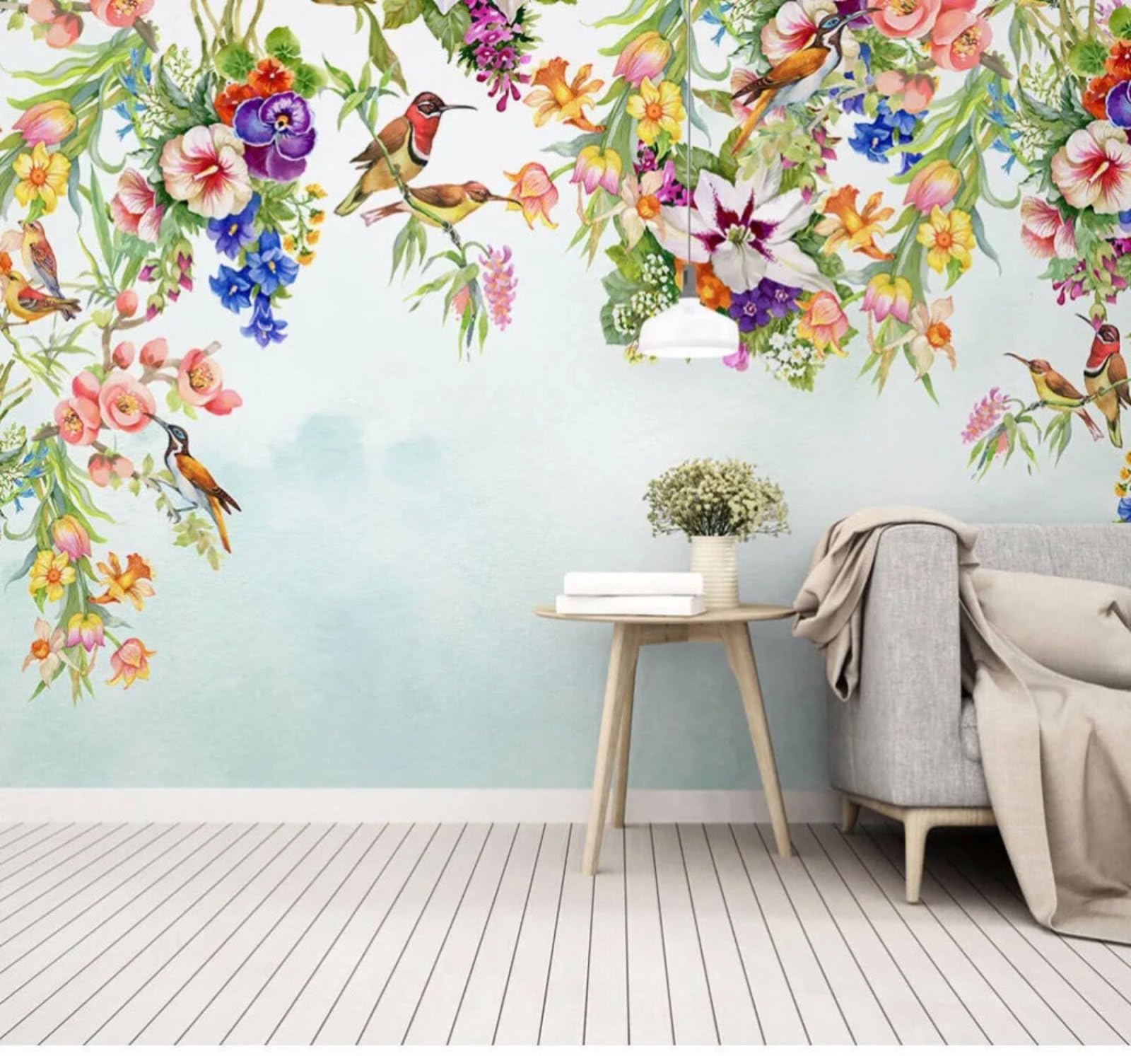 Wallpaper-3D-Xlm 250Cm×170Cm(B×H) Fresh Beautiful Hand Drawn Flowers And Birds Art 3D Wallpaper Easy Install Feature Office Living Room Sofa Bedroom Tv Background Wall Decoration-250Cm×170Cm