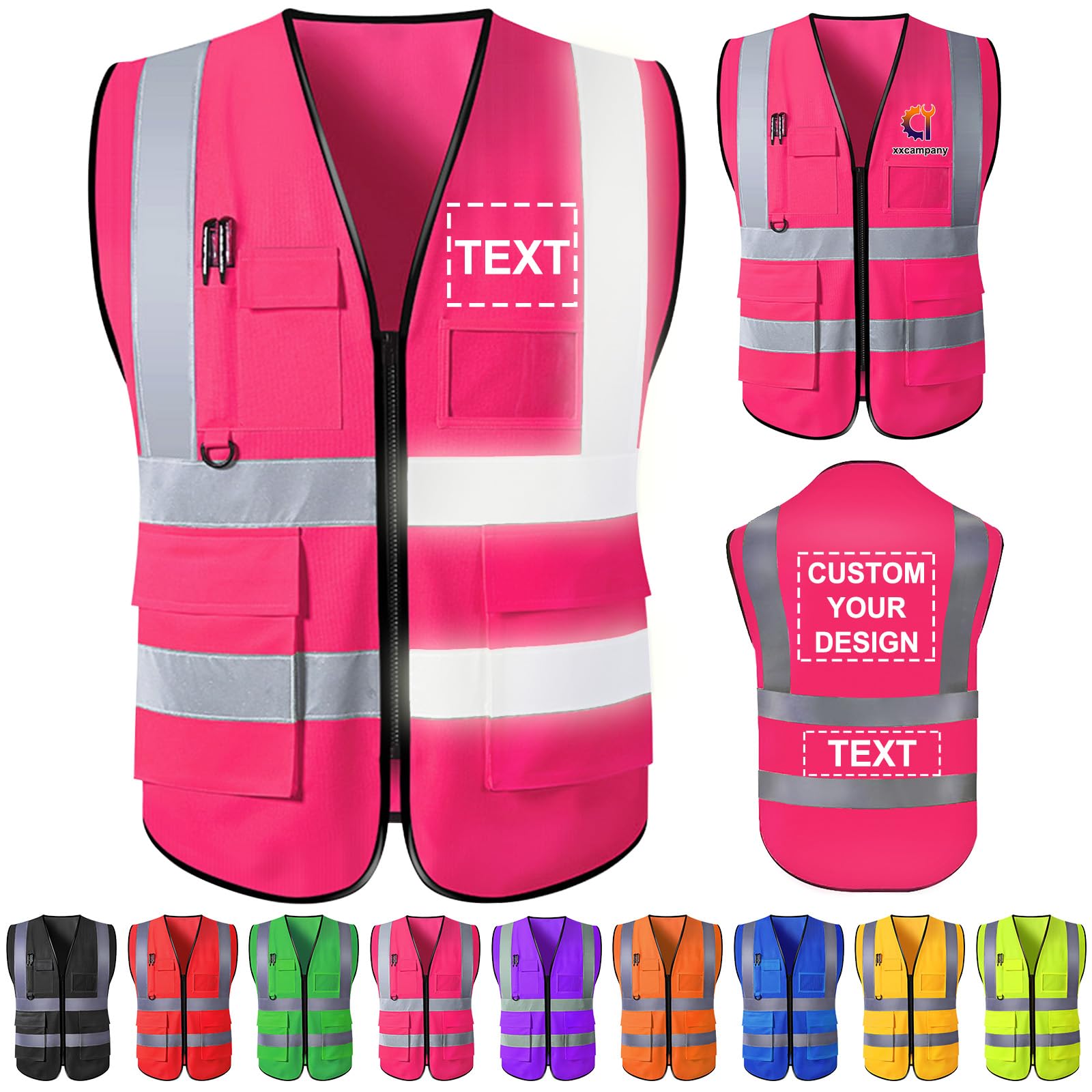 Custom Safety Vest with Logo High Visibility Reflective Vests Pockets Zipper Personalised Class 2 Construction Workwear Men Women