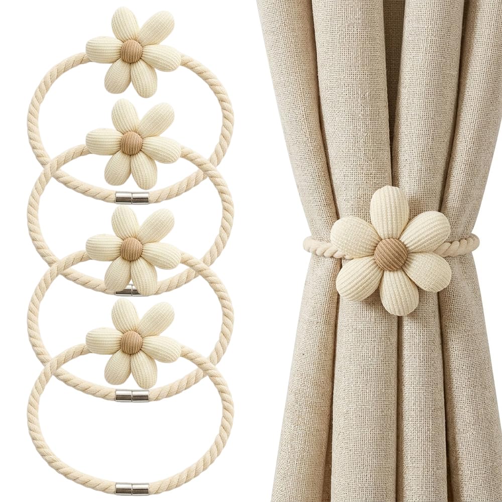 4 Pcs Magnetic Curtain Tiebacks, Elegant Floral Curtain Holdbacks, No Drill Decorative Window Curtain Ties Clips for Living Room, Bedroom, and Home Office Decor (Beige)