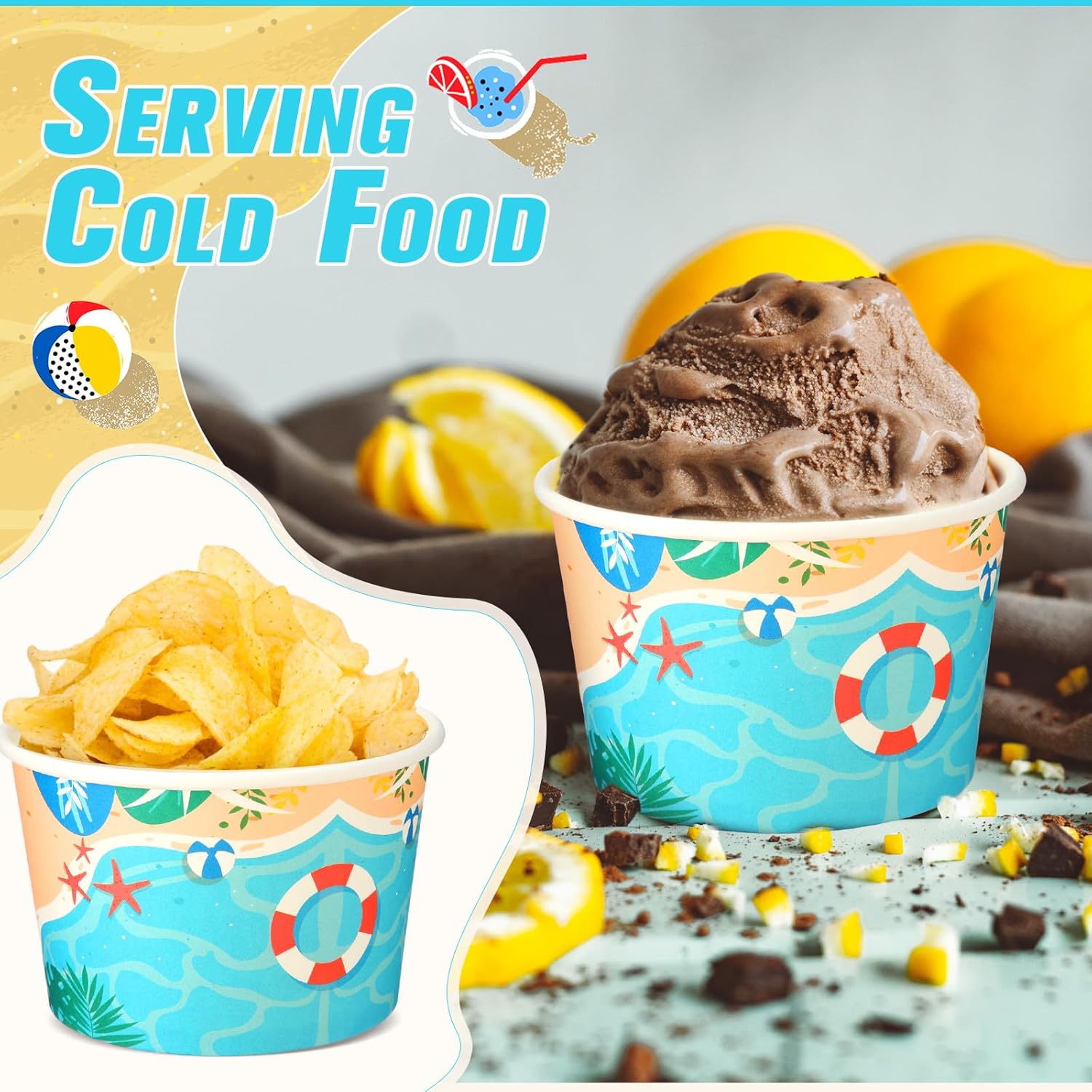 Hsei 50 Pcs 16oz Summer Beach Disposable Soup Bowls Ice Cream Cups Snack Paper Bowls Dessert Sundae Yogurt Cups Hot Cold Drink for Hawaiian Sandbeach Holiday Party Supplies