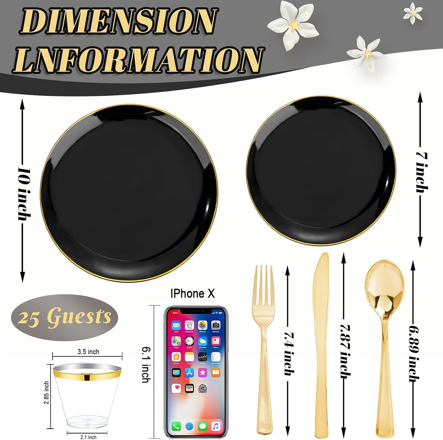 WDF 150PCS Black Plastic Plates - Black and Gold Plates Disposable - 25guest Disposable Dinnerware Sets for Party/Wedding/Halloween/New Year - Image 2
