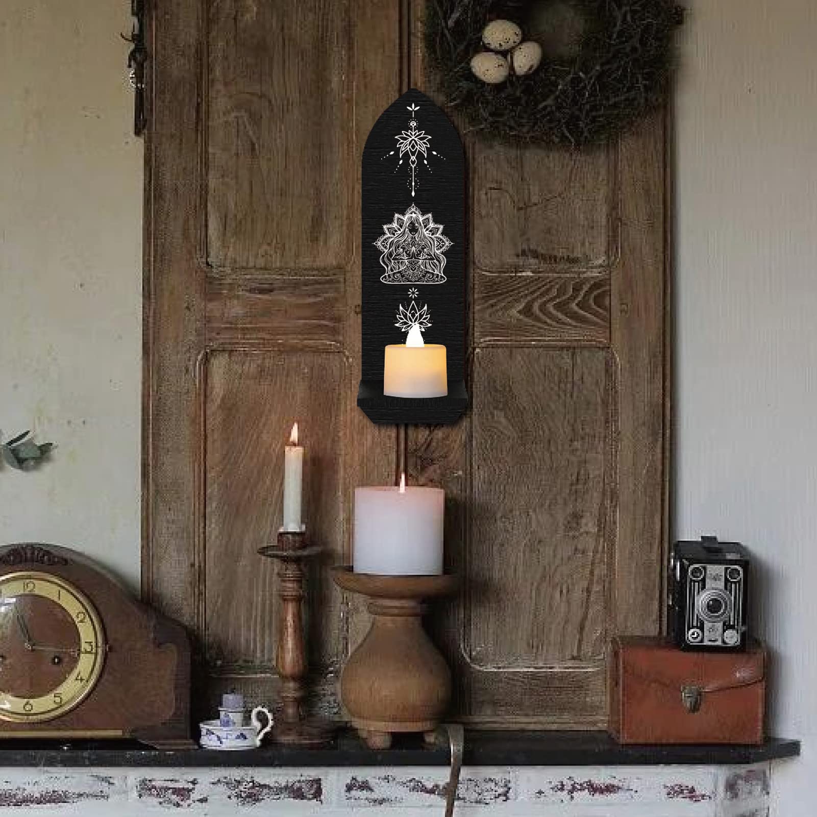 Appliques Murales Bougies Bois Lune Et Soleil - Déco Bohème Gothique - Lot De 2