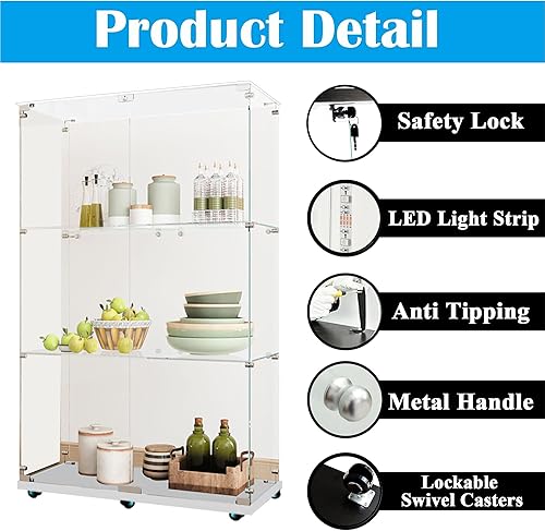 Miniatura 143 de Vitrina de cristal con 4 estantes con tira de luces LED y cerradura, vitrina de vitrina con ruedas y 1 puerta, vitrina de vidrio templado para sala