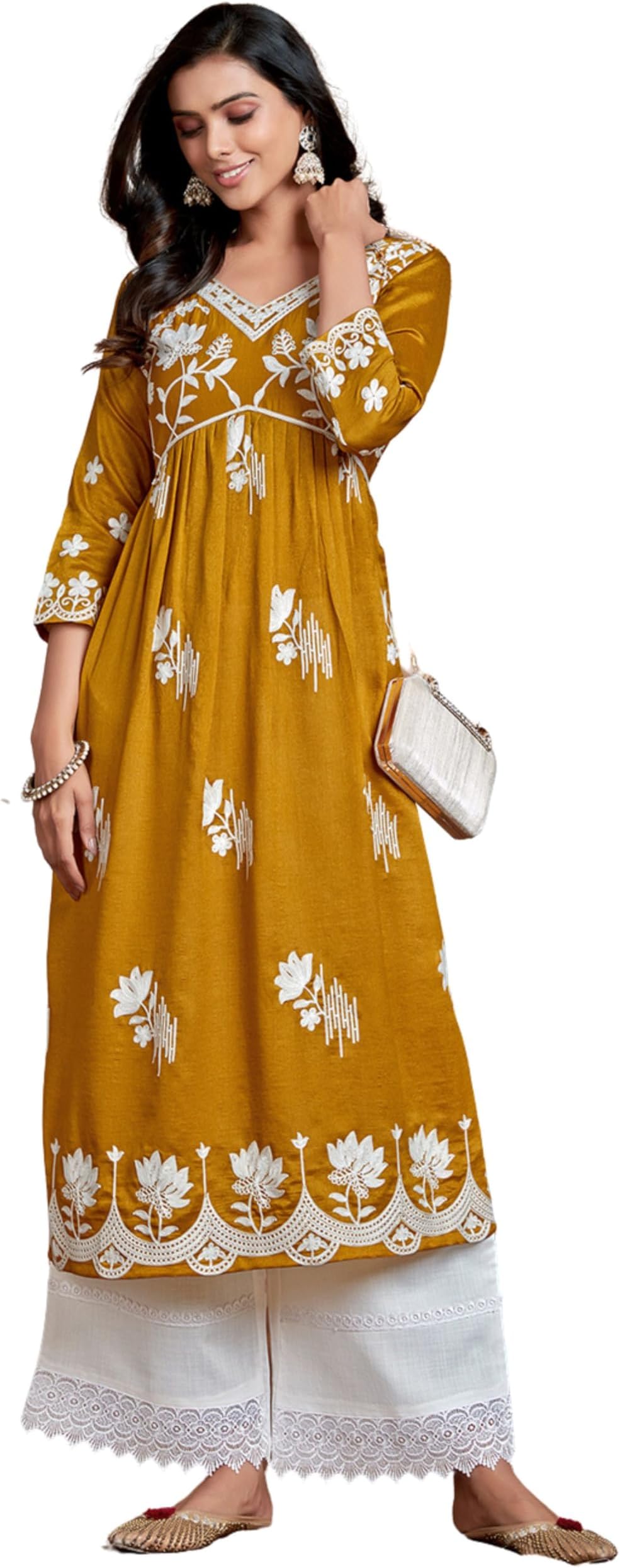 EthnicJunction Women's Silk Blend Regular Fit Chikankari Embroidered Naira Cut Kurta