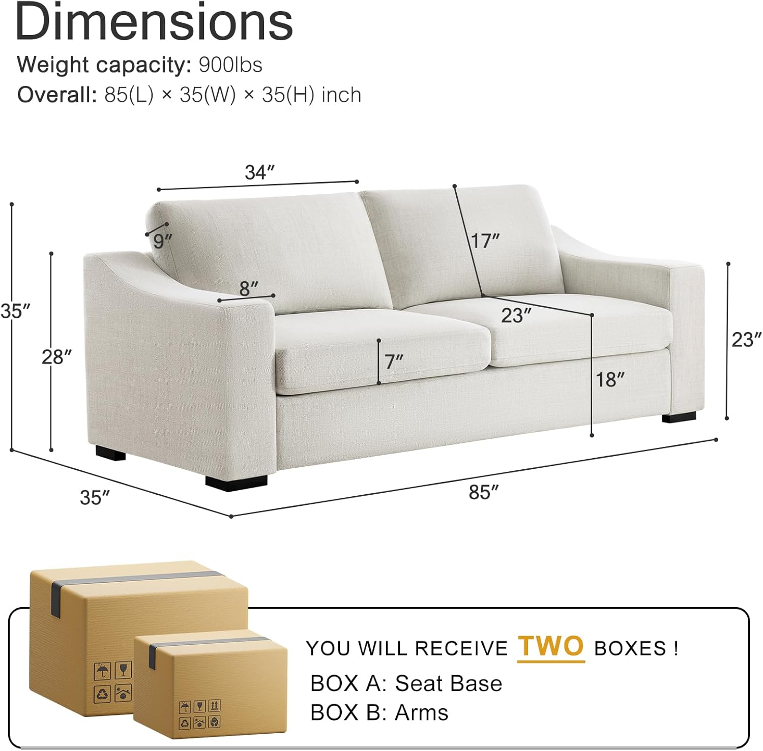 ELUCHANG Oversized 85" Couches for Living Room, Natural Linen Fabric Apartment Couch with Detachable Cover, Modern Loveseat Comfortable Deep Seat Sofa, Easy to Install, White | Easy to assemble, Breathable material, Extra deep seat, Easy to clean, Pet friendly