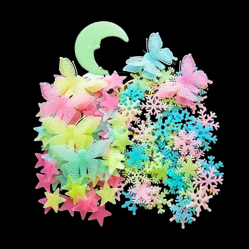 Glow in The Dark Stars and Moon Wall Stickers - 307 Pcs Vibrant Multicolor Ceiling Decals with Snowflakes & Butterflies, Magical Night Sky Bedroom Living Room Decor Kit