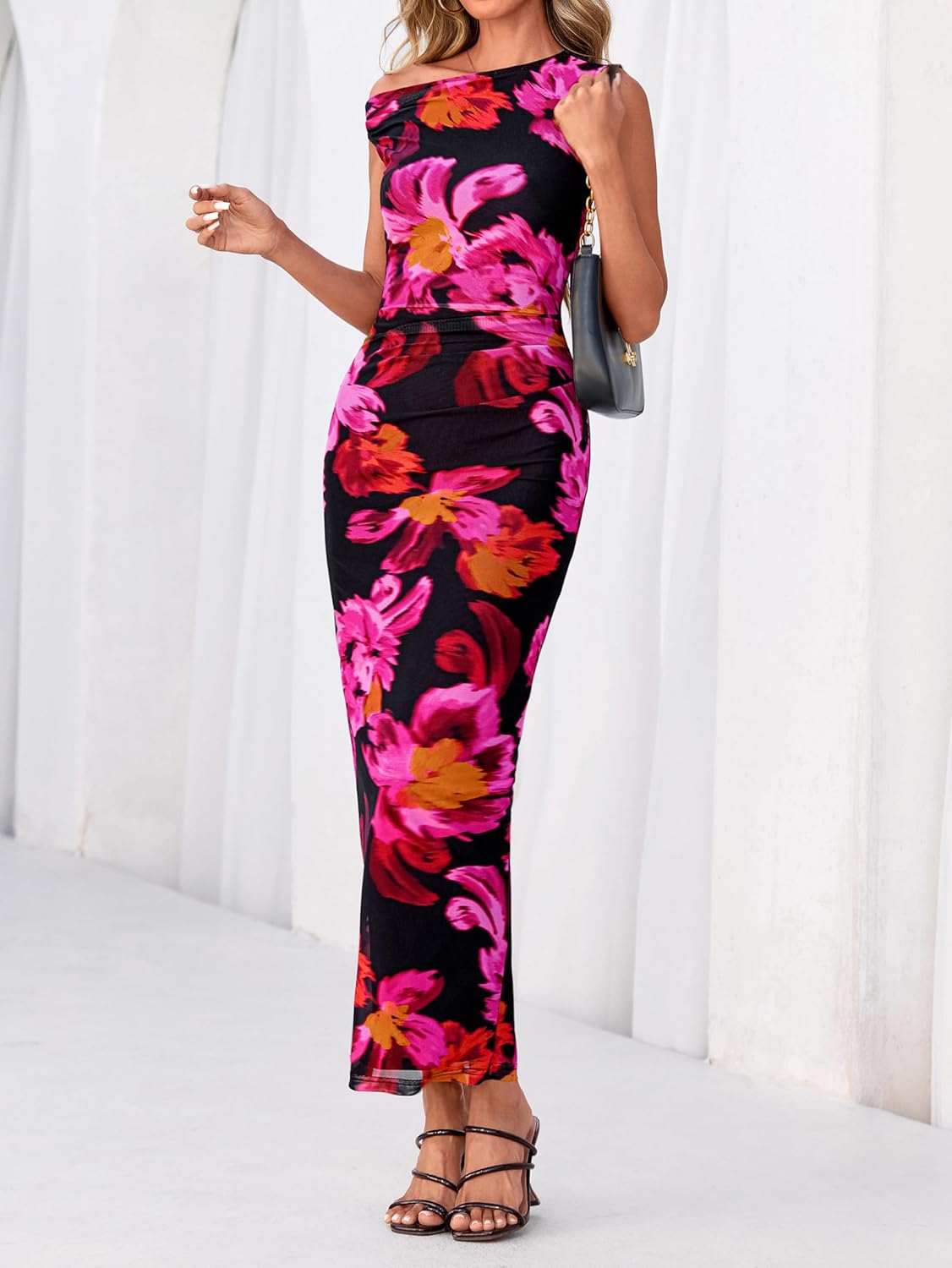 PRETTYGARDEN Women Summer Floral One Shoulder Bodycon Maxi Dresses Ruched Mesh Beach Wedding Guest Dress Vacation Outfits - Image 3