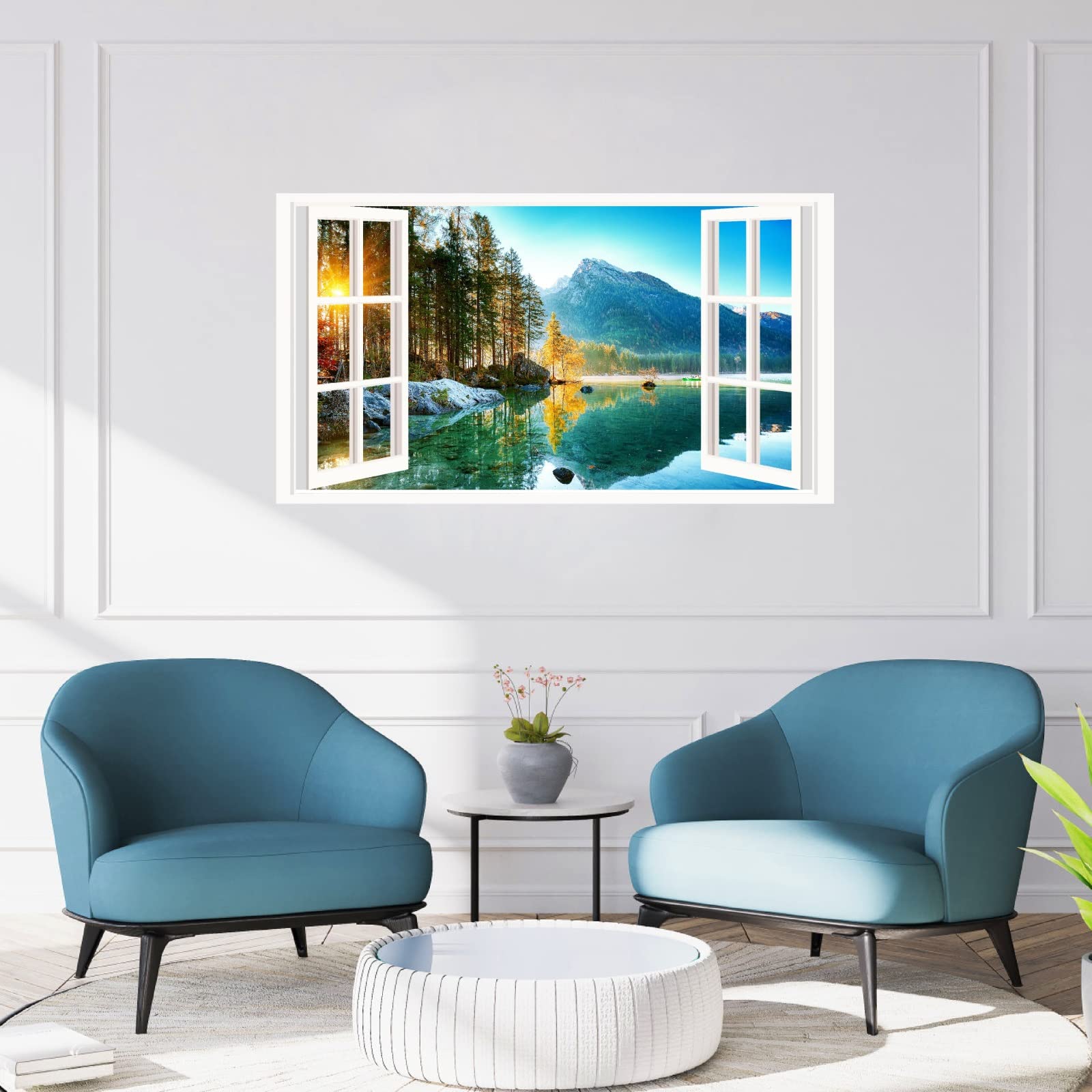 Mountain 3D Wall Stickers Removable Mountain Lake Wall Decals 3D Fake Window View Wall Stickers Nature Landscape Scenery Wall Mural Decals for Living Room Bedroom Decor