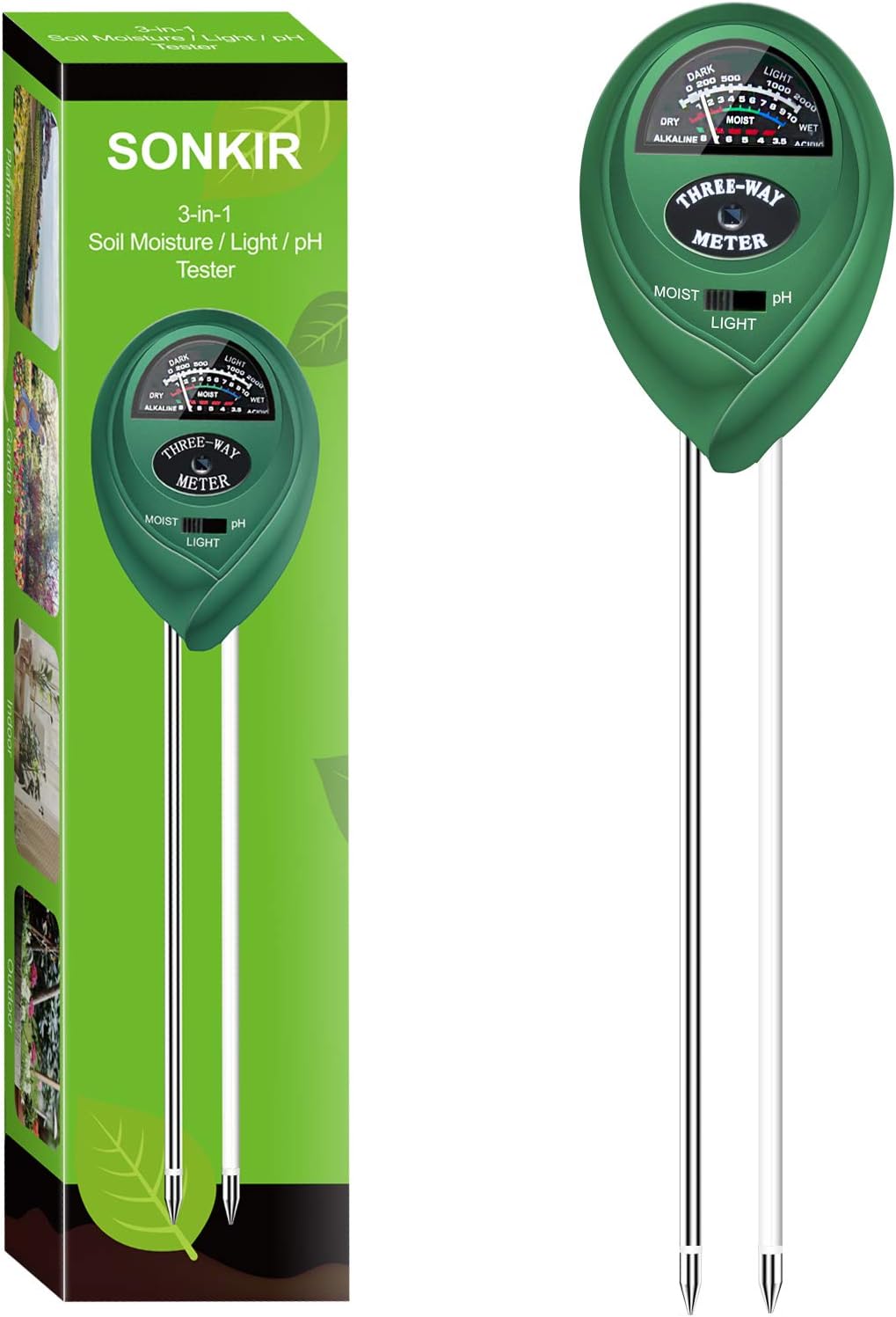 SONKIR Soil pH Meter, MS01 3-in-1 Soil Moisture/Light/pH Tester Gardening Tool Kits for Plant Care, Great for Garden, Lawn, Farm, Indoor & Outdoor Use