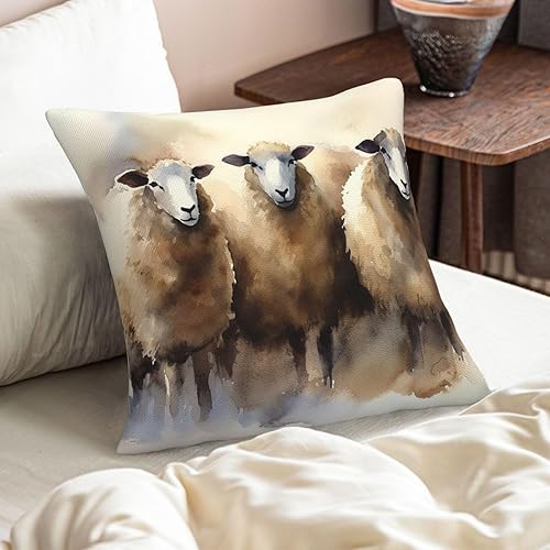 Fundas de almohada cuadradas de 16 x 16 pulgadas, funda de cojín cuadrada de ovejas en acuarela moderna de arpillera de lino suave para sofá, cama,