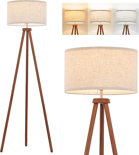 ELYONA Lámparas de pie con trípode de madera para dormitorio, luz de pie vintage, 3 temperaturas de color, bombilla LED incluida y pantalla de lino