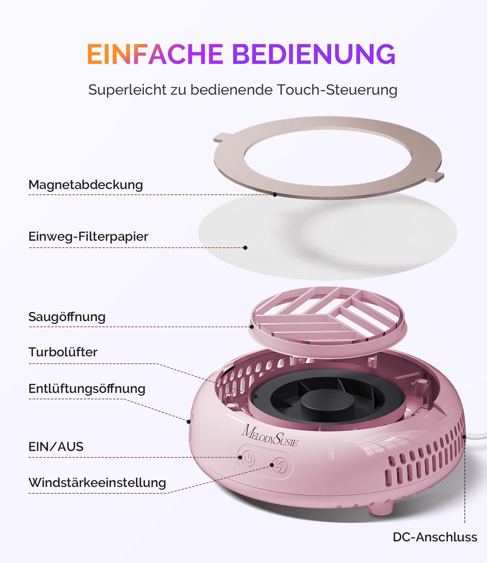 MelodySusie Pocket Nagelstaubsauger HProA, 6000RPM Leistungsstarke Staubabsaugung Nägel für Maniküre, Kompakter Nagelschleifstaub-Absauger mit 30 Wiederverwendbarem Filter für DIY & Studio, Rosa