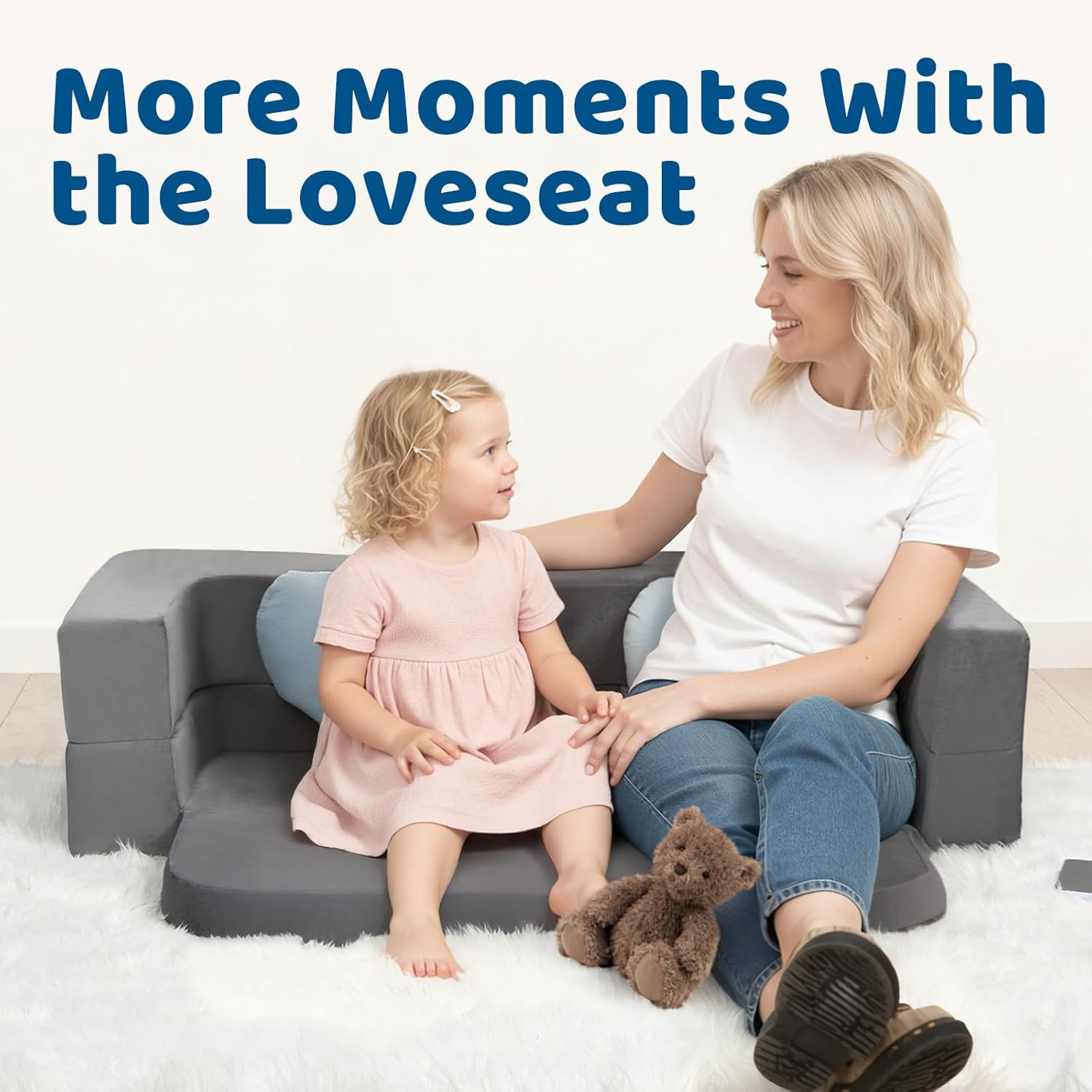 ENITYA 3-in-1 Foldable Floor Bed with Two Pillow for Kids, Soft Foam Toddler Cot with Washable Cover, Toddler Travel Bed for Naps, Playing, Sleepover, Grey