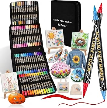 60 Colors Acrylic Paint Markers,Dual Tip Acrylic Paint Pens Paint Markers,Includes 12 Metallic Brush Tip Fine Tip Acrylic Paint Markers For Rock Painting,Plastic,Canvas And Diy Crafts Art Supplies