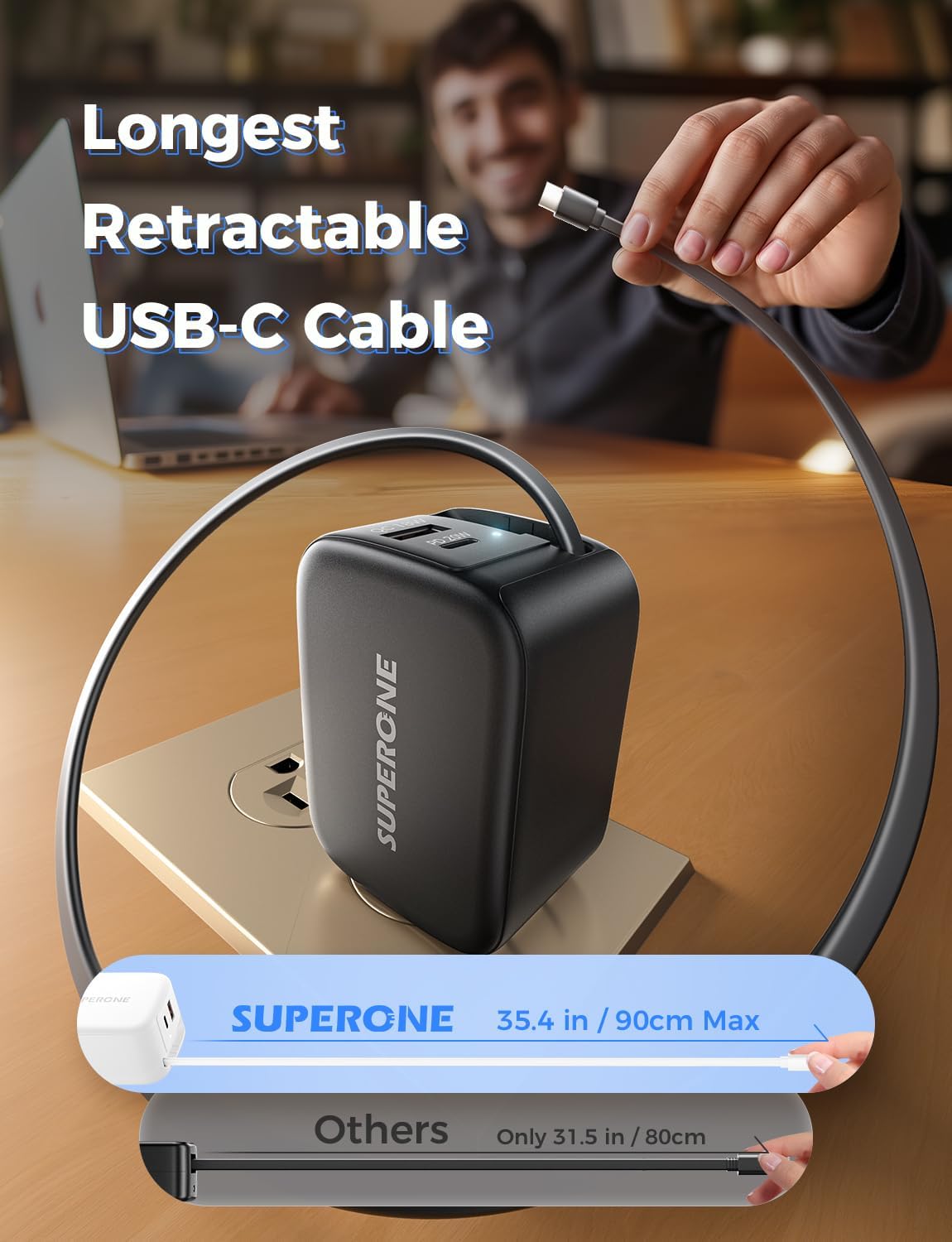 SUPERONE 3-in-1 Retractable USB C Charger Block for iPhone 16, 58W Fast Retractable Phone Charger Wall Plug, for iPhone 17/16/15/14/13/12/11, iPad, Samsung and More - Black - Image 2