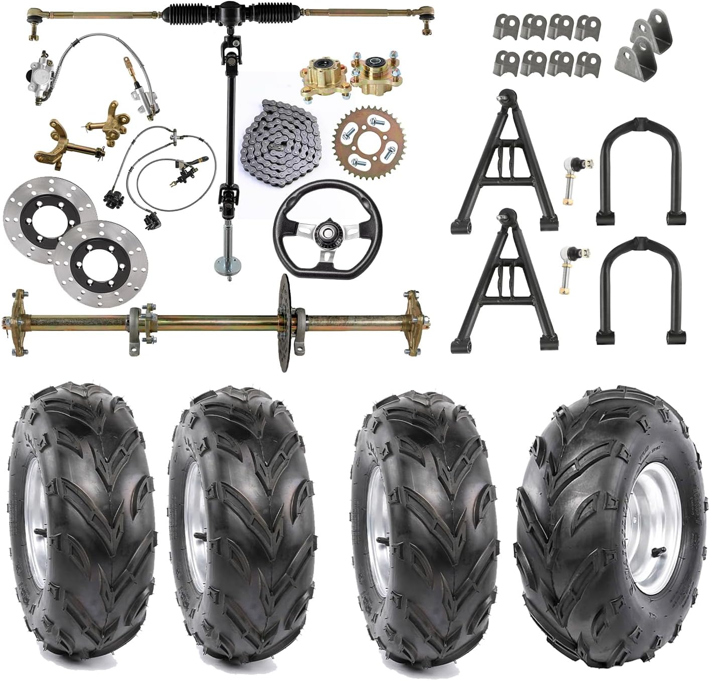 32'' Go Kart Rear Wheel Axle Shaft Complete Wheel Hub Kit for DIY ATV Quad Buggy Bike, With 16×8-7 Tires Wheels Rim, Suspension Shock Swing Arm, Hydraulic Twin Disc Brake Caliper