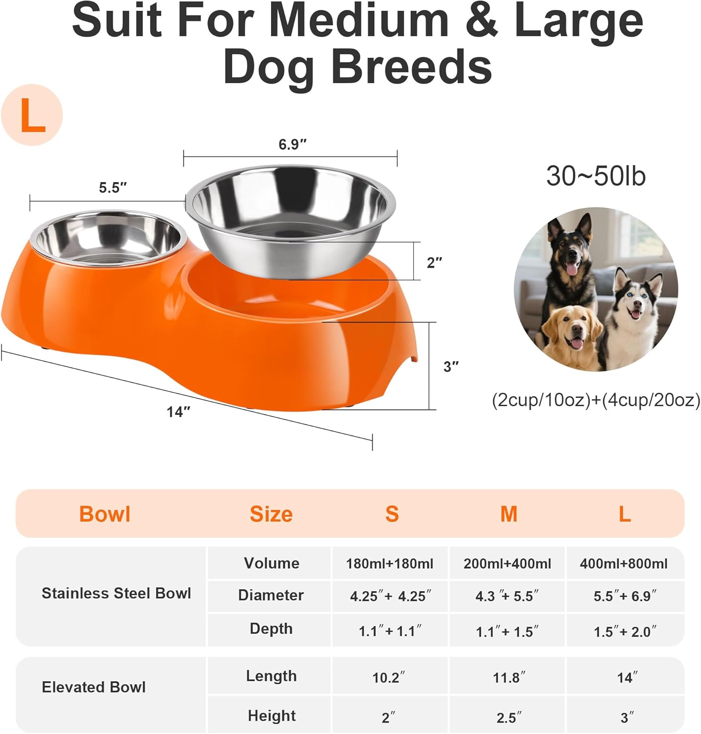 Elevated Dog Bowls Set - Non-Slip Raised Pet Feeder with Medium (10 oz) & Large (20 oz) Stainless Steel Bowls - Includes Durable Resin Stand for Puppies, Adult Dogs & Cats - Orange