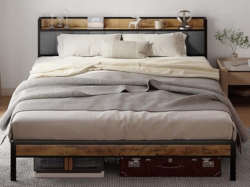 Gizoon Base de cama King con cabecera de almacenamiento, plataforma de metal, base de colchón de soporte de listones de acero, grande en