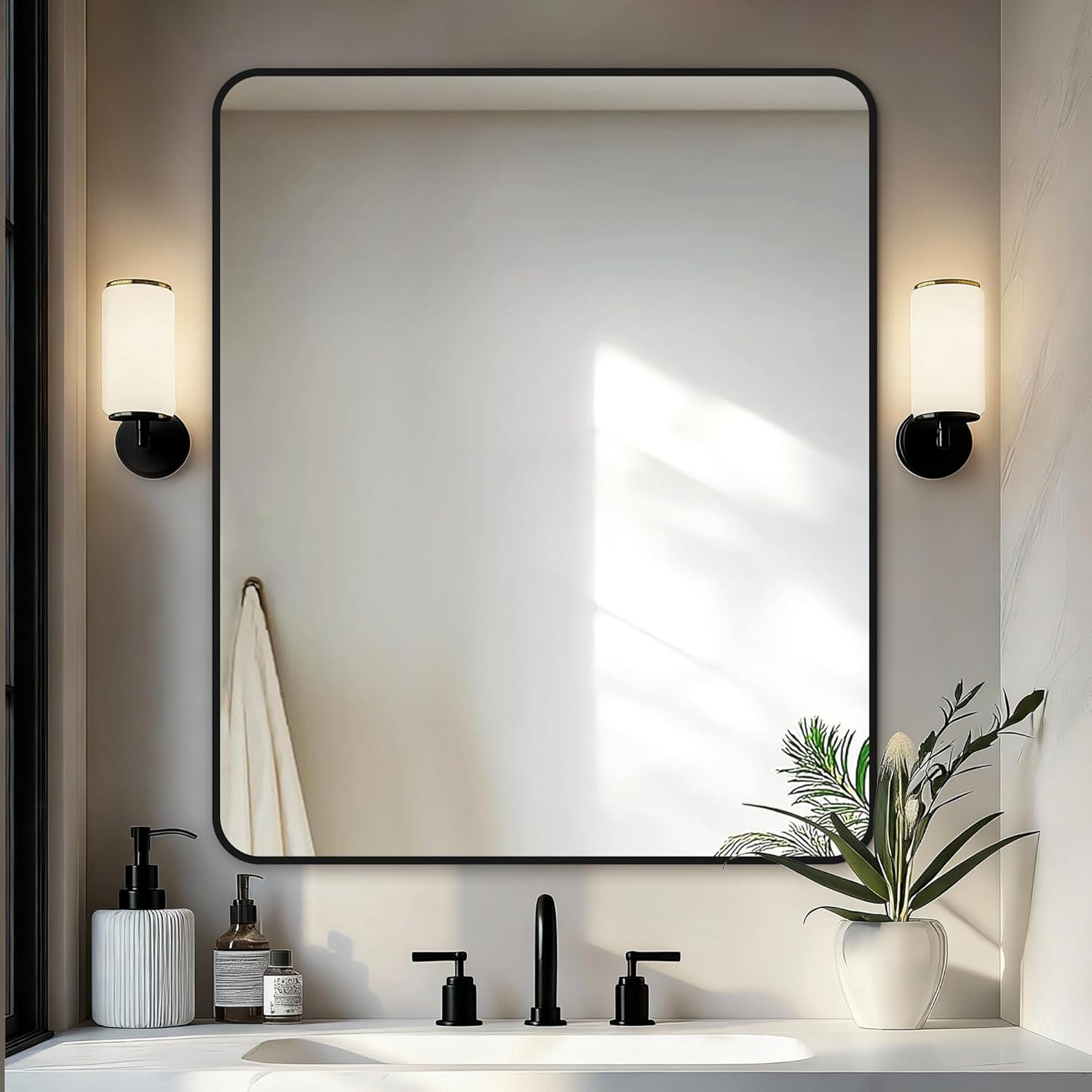 Delma Bathroom Vanity Mirror, Black Framed Bathroom Mirror for Over Sink, High-Definition Bathroom Mirror, Versatile Bathroom Vanity Mirror, Hangs Horizontally or Vertically(36x30, Black) Rect Black 36"L x 30"W