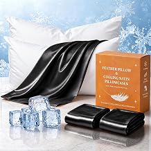 BHZ Black Satin Goose Down Feather Pillows Standard Size Set of 2 with Black Satin Pillowcase for Hair and Skin, Cooling Pillow Cases Similar to Silk Pillow Cases, Decor for Women, Mom