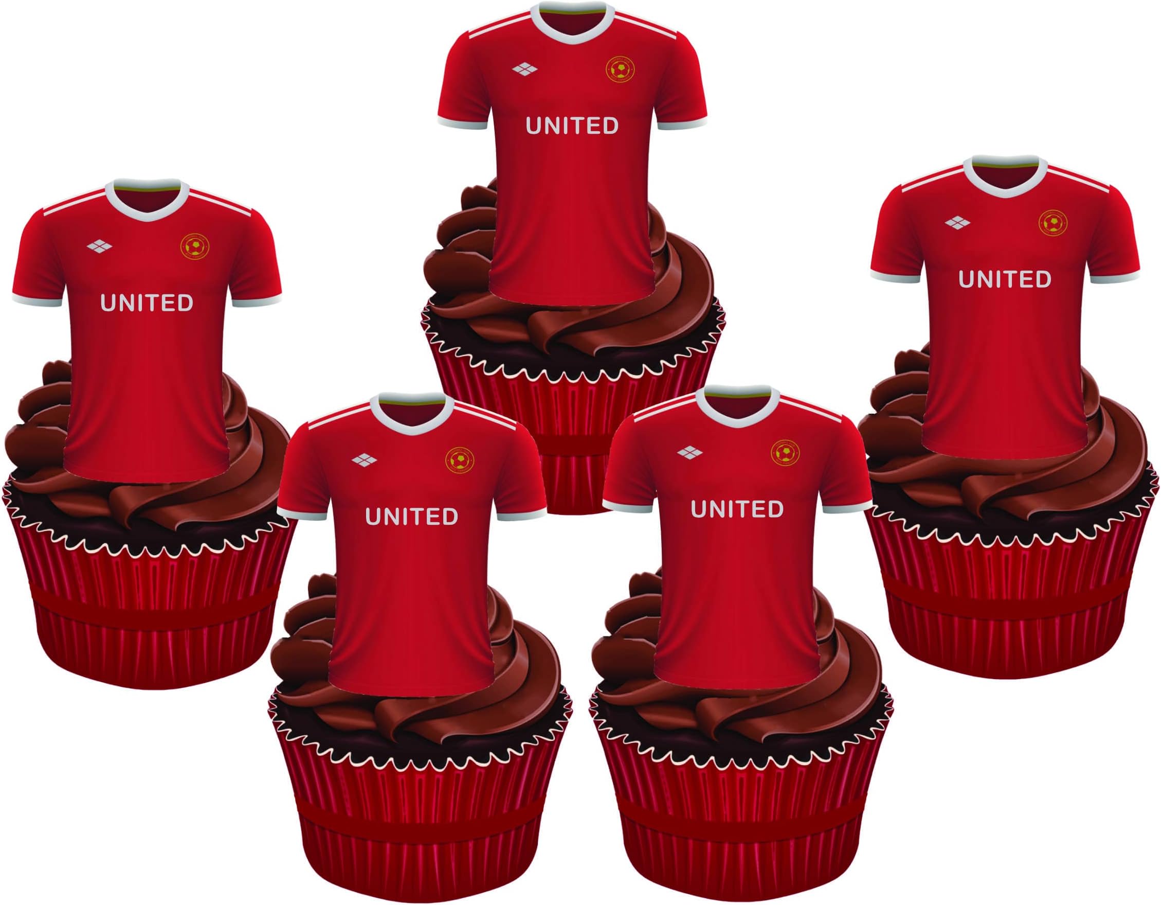 12 x Manchester Reds FC Football Shirts - Choose from UNFLAVOURED or Vanilla-SWEETENED Toppers - Fun Novelty Birthday Premium Stand UP Edible Wafer Card Cake Toppers Decorations United (Unflavoured)