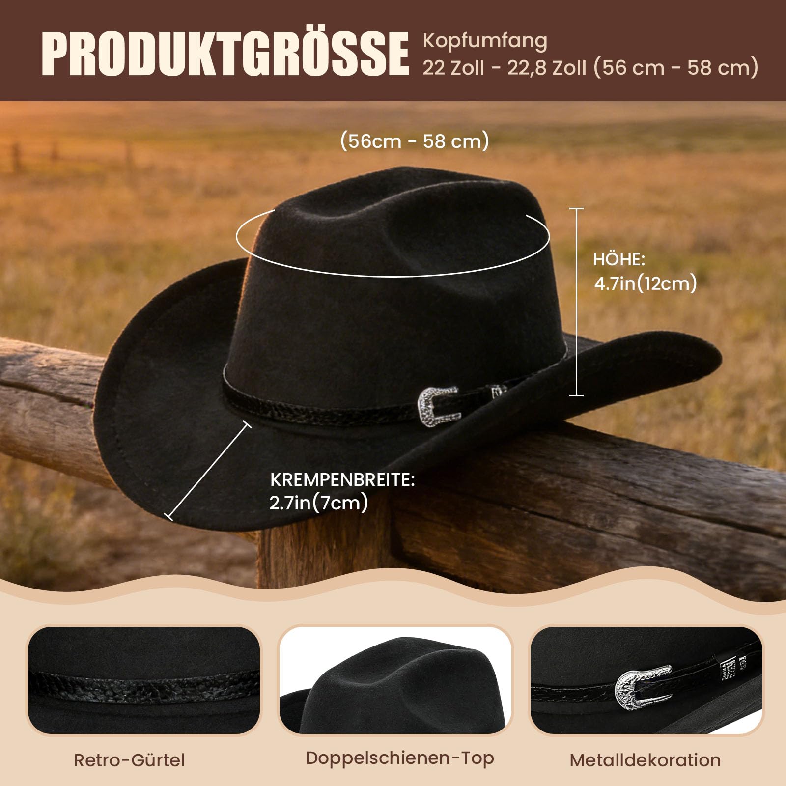 Cowboy Hut Wide Brim Fedora mit Band für Männer Frauen,Klassische Cowgirl Panama Hüte für Outdoor Fancy Kleid Kostüm,Schwarz