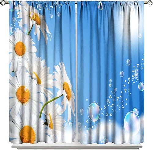 Miniatura 38 de Cortinas rústicas de cocina de granja, margaritas florales de granja de primavera, cortinas opacas de madera retro con bolsillo para barra, cortinas