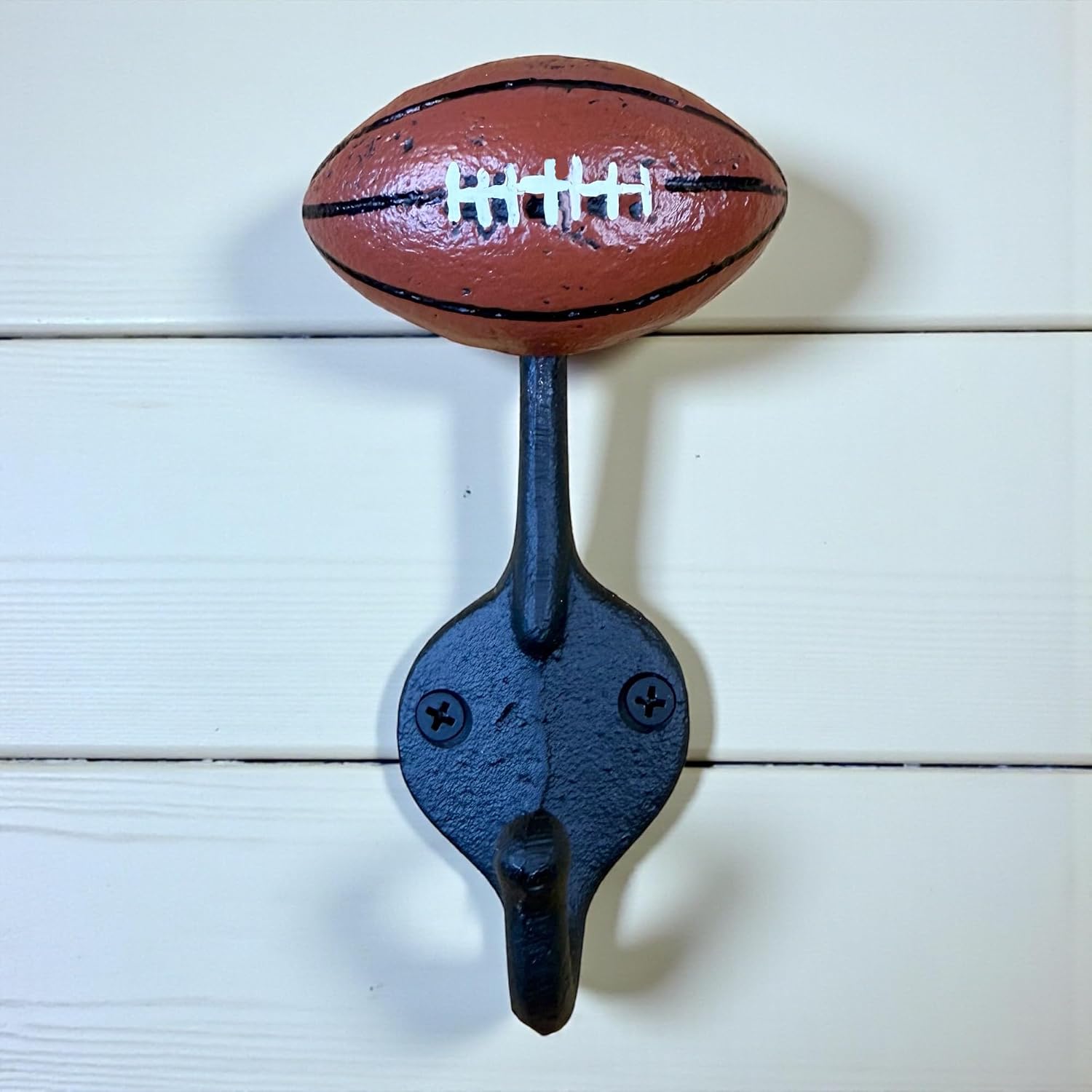 Top Brass Cast Iron Football Wall Hook (2 Pack) – Heavy Duty Rustic Sports Coat & Towel Hooks, Entryway, Bathroom, Man Cave, Kids Room & Locker Room Décor