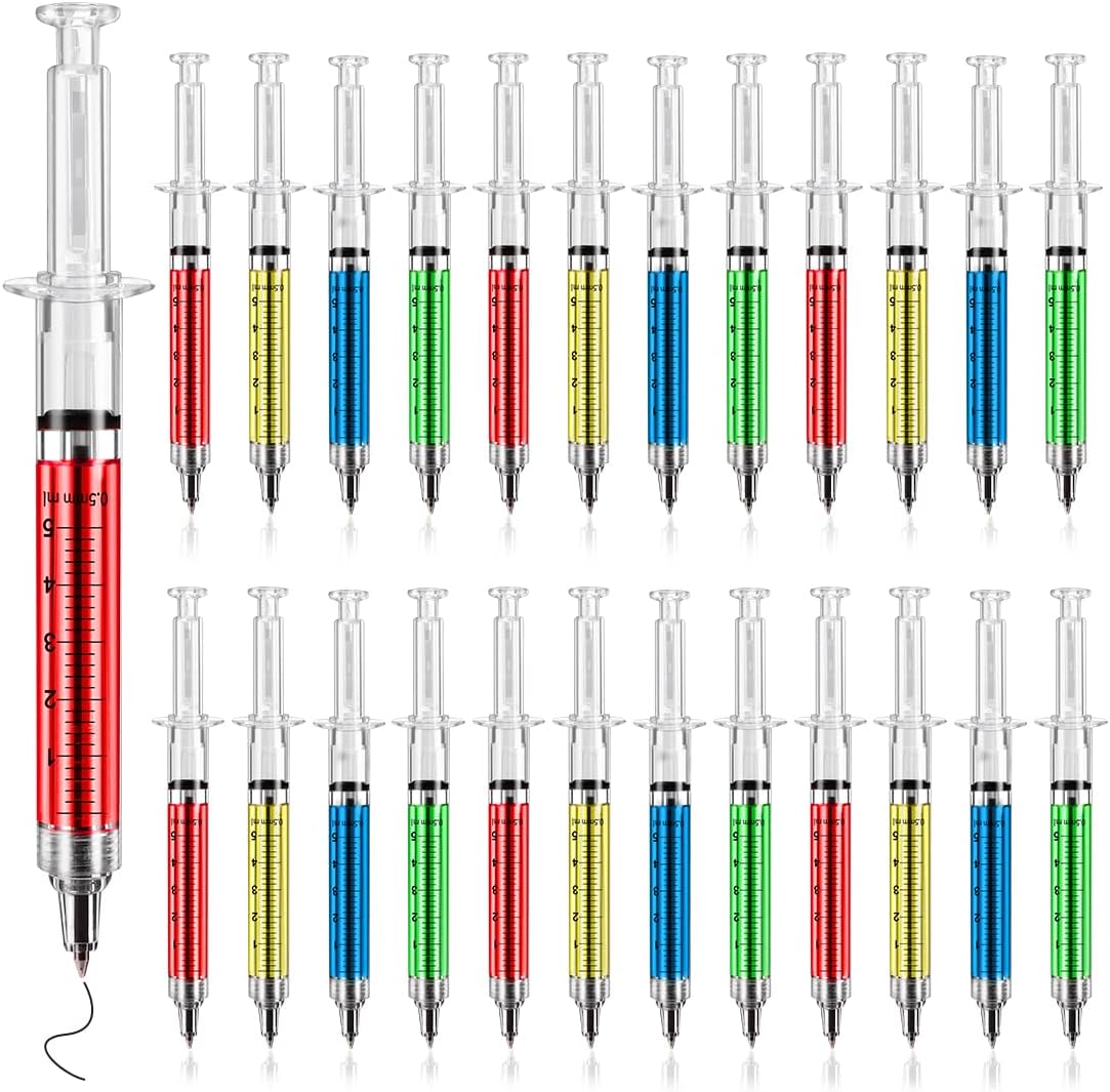Syringe Pens Bulk - 24 Pack MultiColor Black Ink Novelty Pens for Nurse Gifts, Office & Medical Professional Use