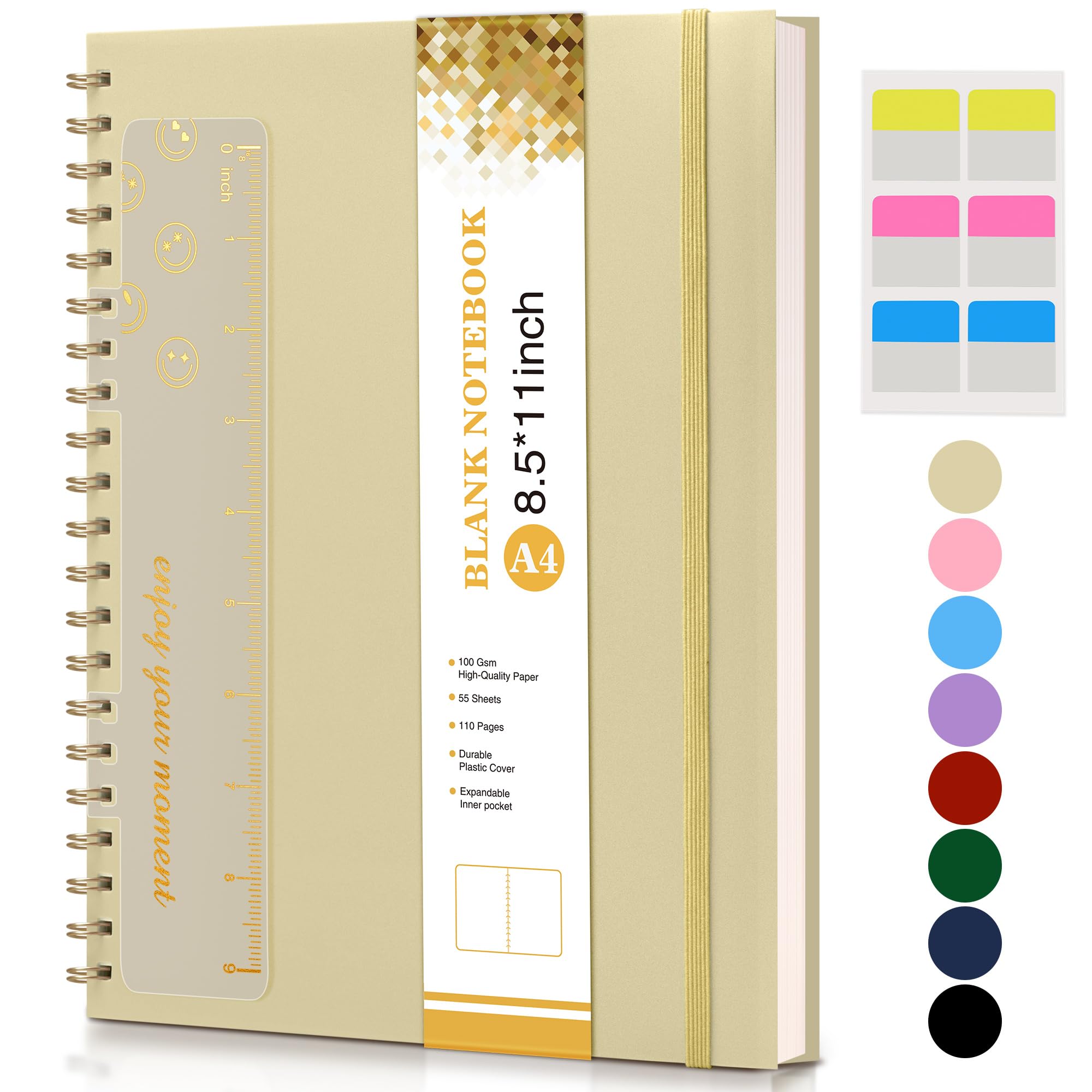 Blank Spiral Notebook Journal 8.5” x 11”, A4 Large Sketch Book for Women Men, 100 GSM Blank Paper Drawing Notebook, Plastic Hardcover Spiral Bound Sketchbook for Sketching Work School Writing, Yellow — image 1