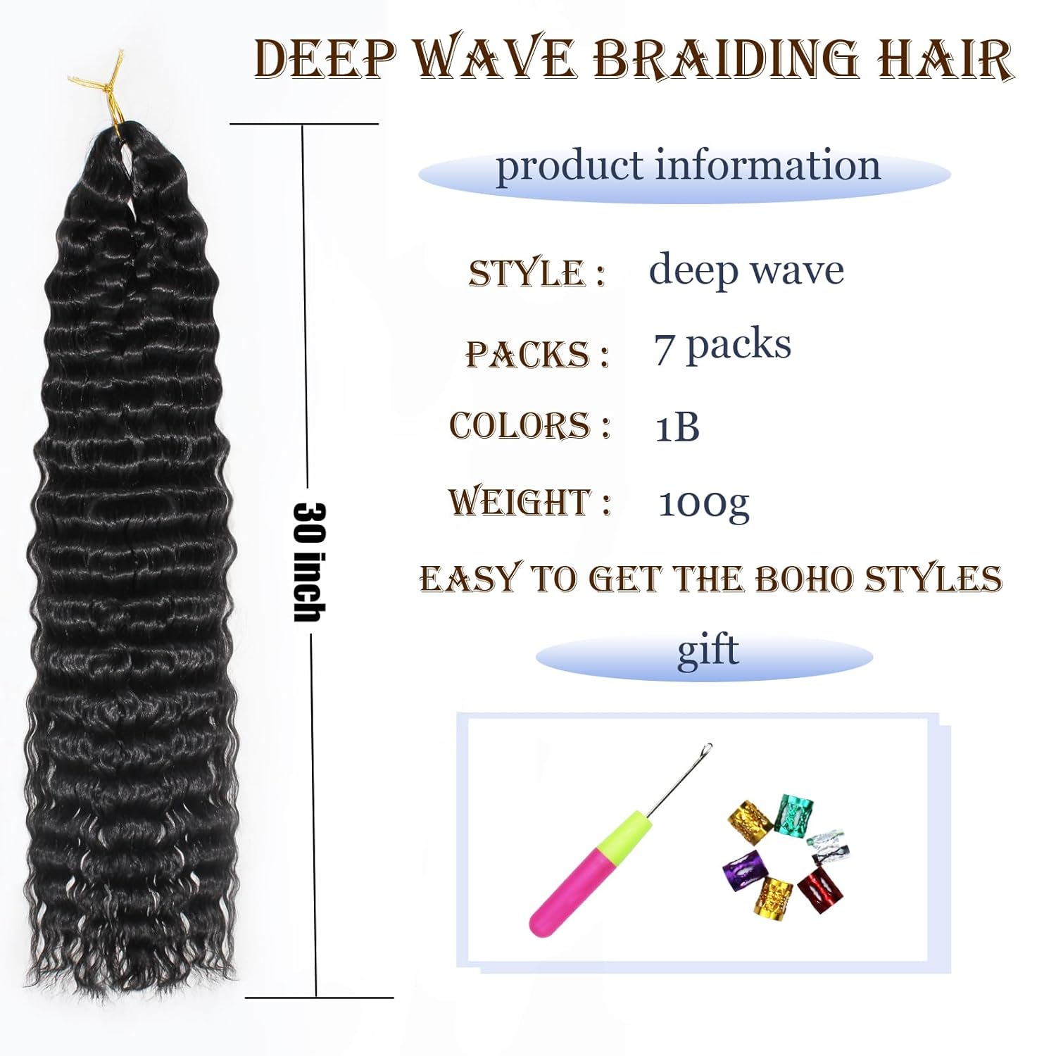 Ocean Wave Crochet Hair 30 Inch 7 Packs Deep Wave Curly Braiding Hair Extensions Synthetic Curly Crochet Hair For Black Women(30inch, 7pack, 1b)