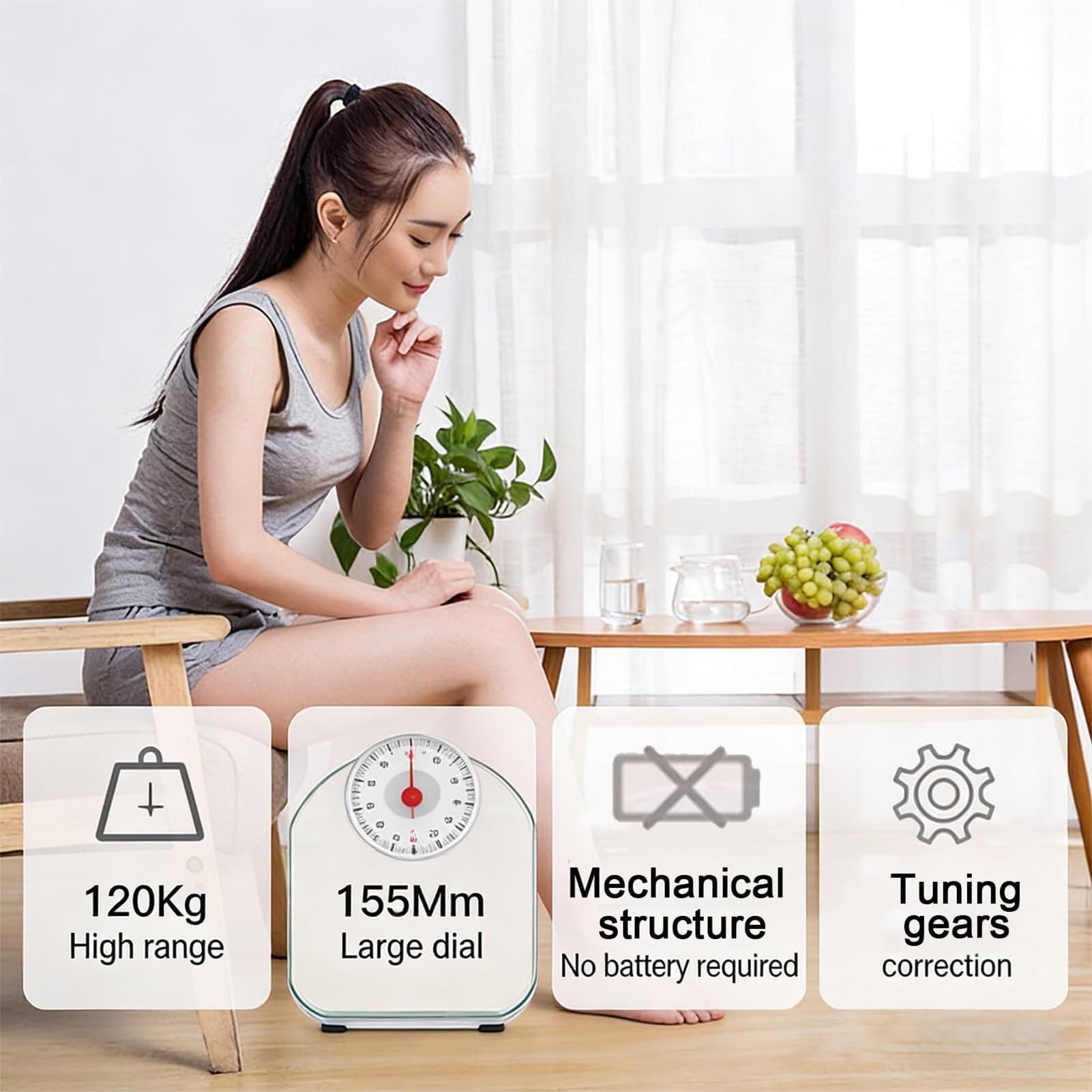 Báscula Mecánica de Baño 120 kg, Báscula Analógica Redonda con Esfera de Vidrio Templado 155 mm, Báscula Profesional para Hotel, Gimnasio y Hogar, Gran Pantalla Fácil Lectura