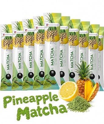 Premium Japanese Matcha Pineapple & Lemon Energy Drink Mix 10 Single Serve Packets 8g Organic Matcha Green Tea with Bromelain Smooth Citrus Flavor, Rich in Antioxidants - Bonus 1 Pk Matcha Chocolate Included