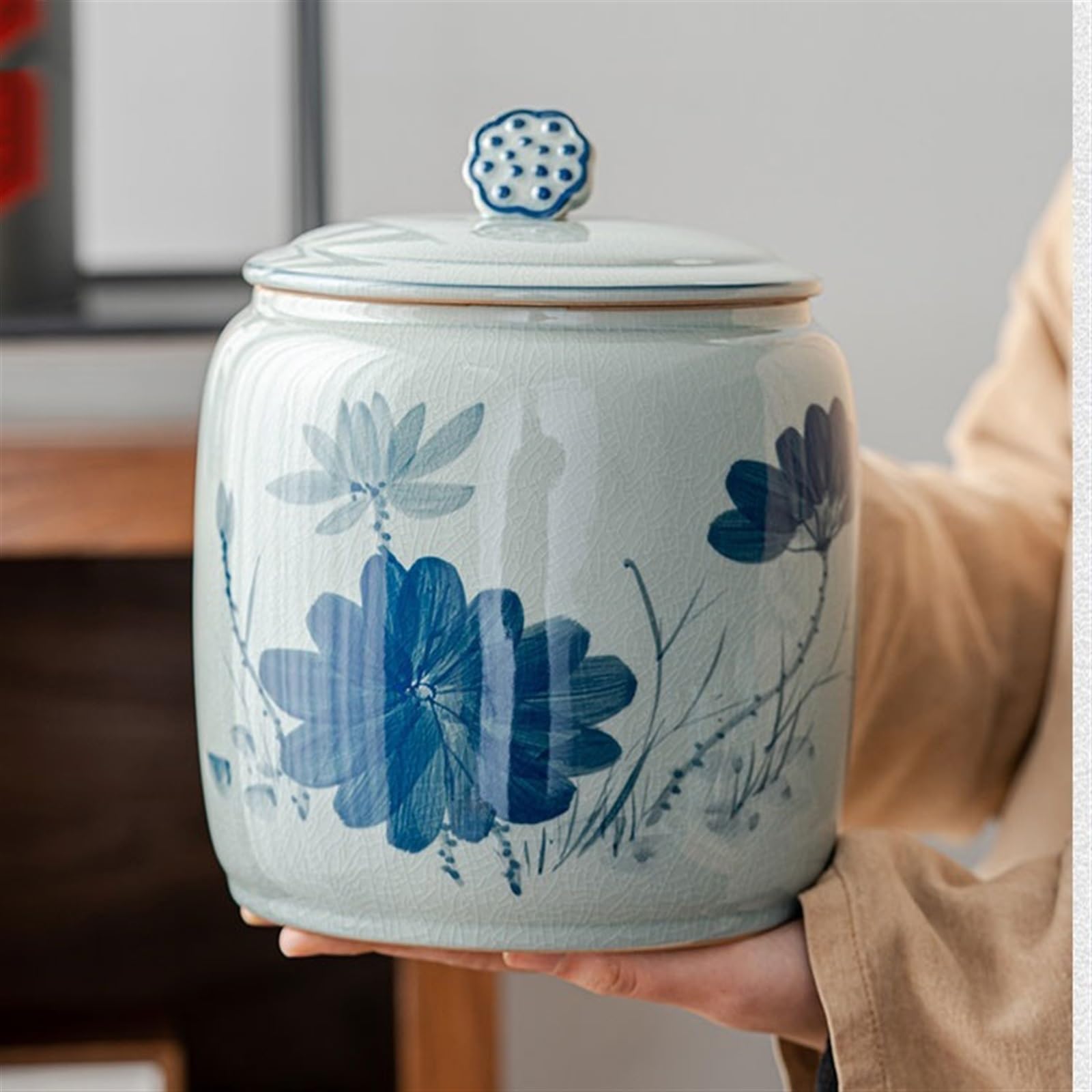 pojemniki na herbatę, kawę i cukier Ceramiczny słoik do przechowywania herbaty, ręcznie malowany, zapieczętowany z lotosem