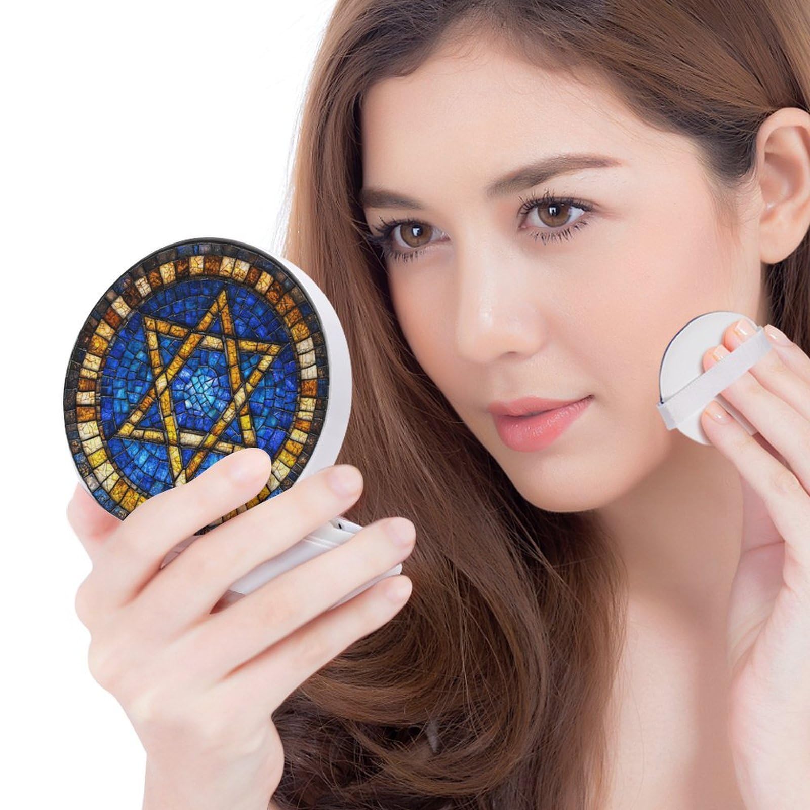 Hayyett Israel Flag Blue Stained Glass Air Cushion Puff Box Portable Cosmetic Makeup Case Container,Loose Powder Foundation Container