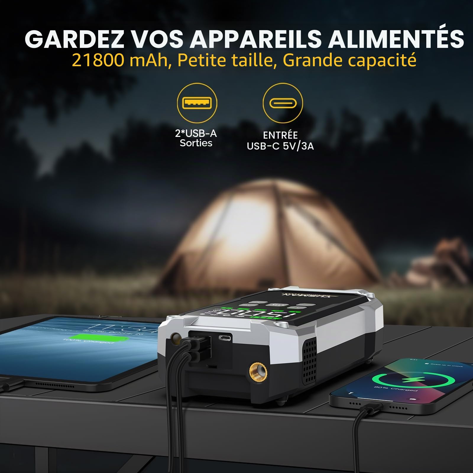 Booster Batterie Voiture 9000A, 160PSI Gonfleur Pneus Voiture, 12V Car Battery Jump Starter(Tous Gaz/Essence & 10L Diesel), Pinces Sécurité Intelligentes, LED