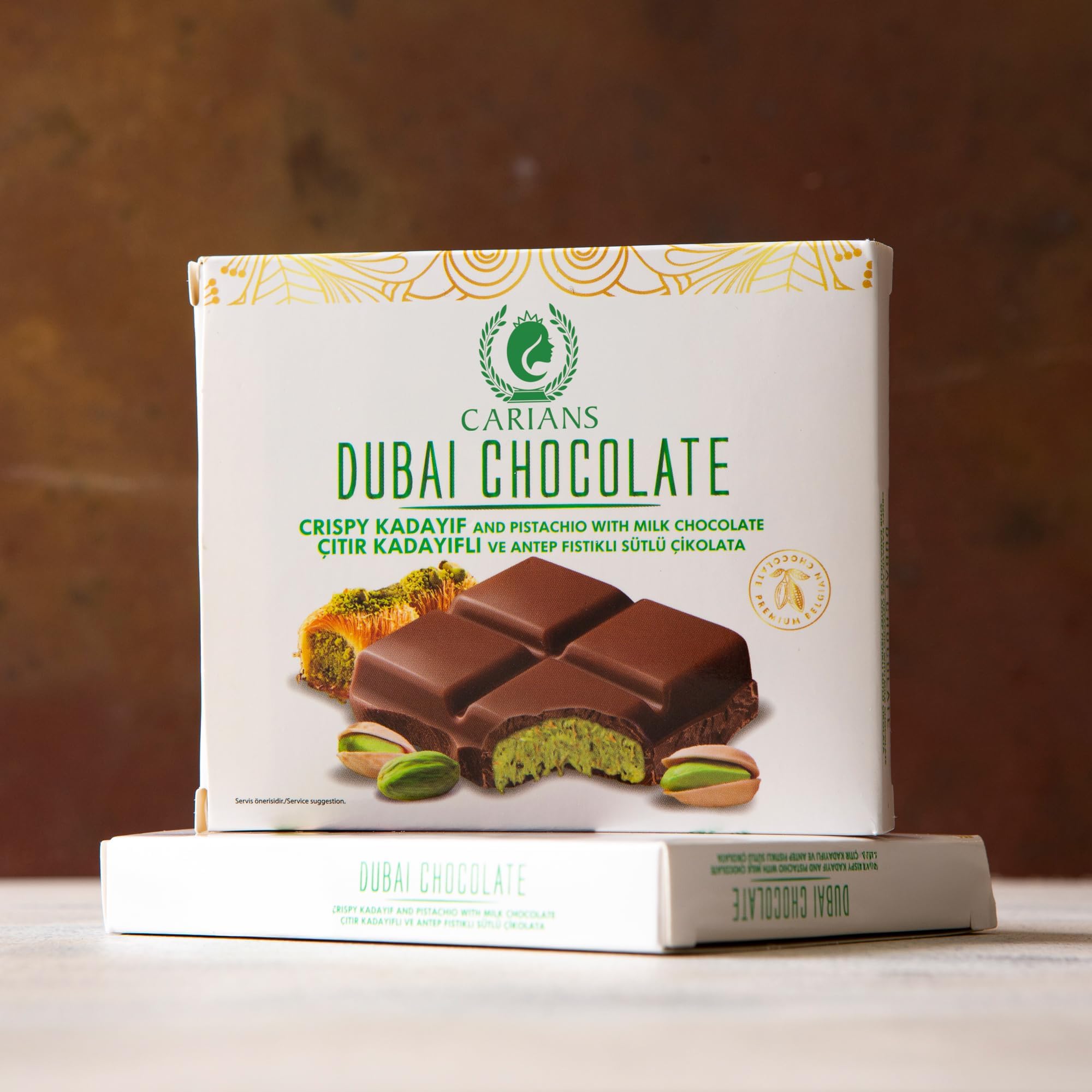 CARIANS Dubai Chocolate Bar, Crispy Kunafa and Pistachio with Milk Chocolate, Luxury Chocolates with Crispy Kunafa, Great for Gift Giving, Anniversary, Mother's Day