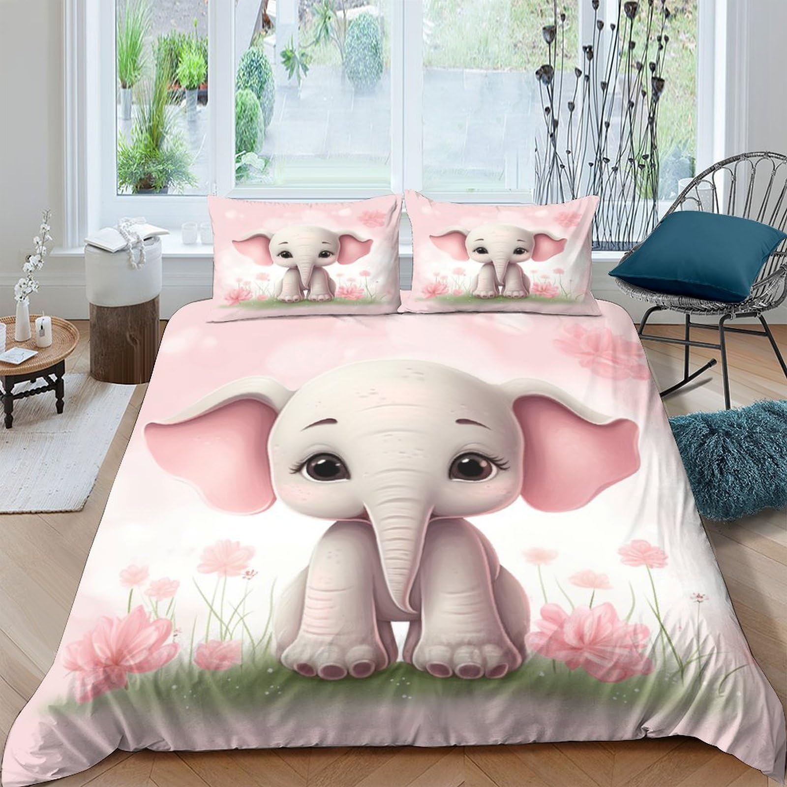 OPANZYYDE Pink Elephant Duvet Cover Set 3 PCS Hotel Quality Quilt Cover Bedding Set Bed Covers with Pillowcases with Zipper Closure Ultra Soft Anti Allergic Microfiber King（220x240cm）