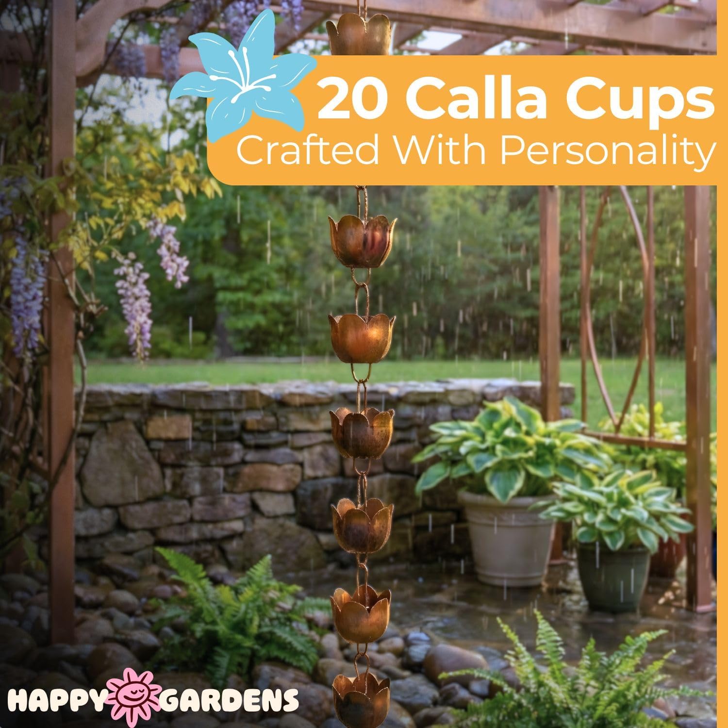Happy Gardens Handcrafted Lily Cup Rain Chain (Flamed Finish) Outdoor Metal Hanging Rainwater Catcher for Outside Yard Gutter Downspout Substitute for Drainage