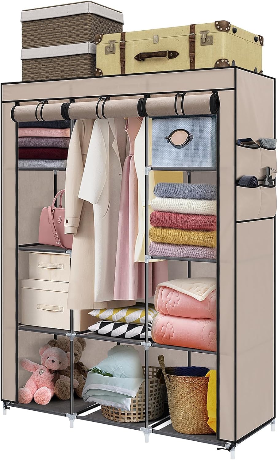 Trintion Canvas Wardrobe for Bedroom, Fabric Wardrobe Clothes Storage with 6 Shelves and Hanging Rail, Upgraded fabric wardrobe with 4 Side Pockets (Black) — image 1