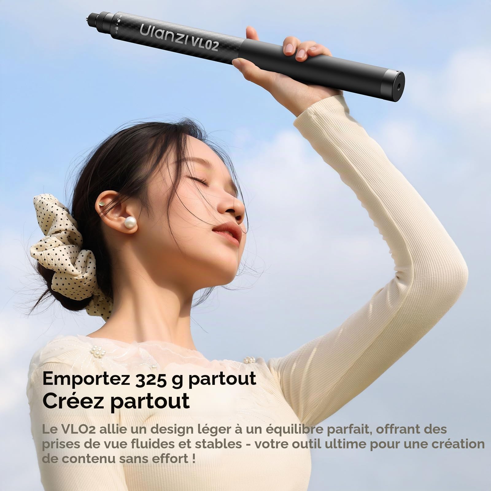 ULANZI VL02 Perche à Selfie en Fibre de Carbone pour Insta360/DJI Osmo Pocket 3 4, 2,7 m pour caméra d'action Go Pro, rallonge 1/4", Compatible avec différents appareils, Longueur réglable
