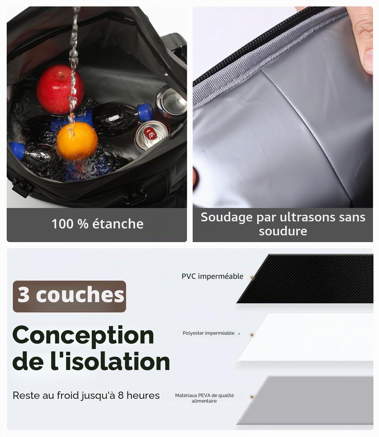 DEWUR Sac à dos isotherme 20 l - Sac à dos isotherme - Sac isotherme - Sac à dos de pique-nique étanche avec décapsuleur - Pour pique-nique, camping, plage, randonnée, voyage, shopping