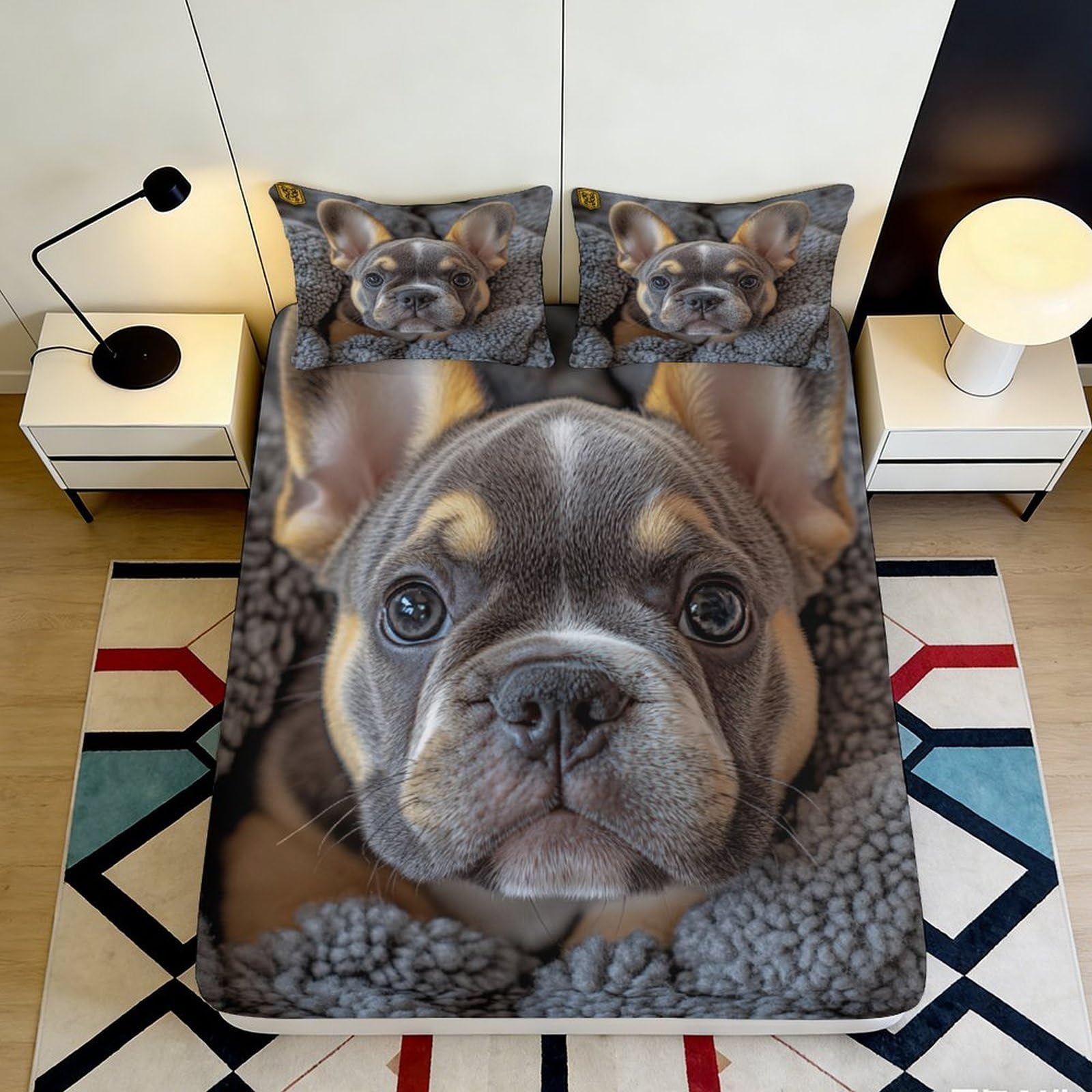 3D Printed French Bulldog Fitted Sheet Microfiber Soft Breathable 3D Puppy Face Mattress Cover for Bedroom Dormitory Guest Room Mattress Protection Decor 180x200x25cm